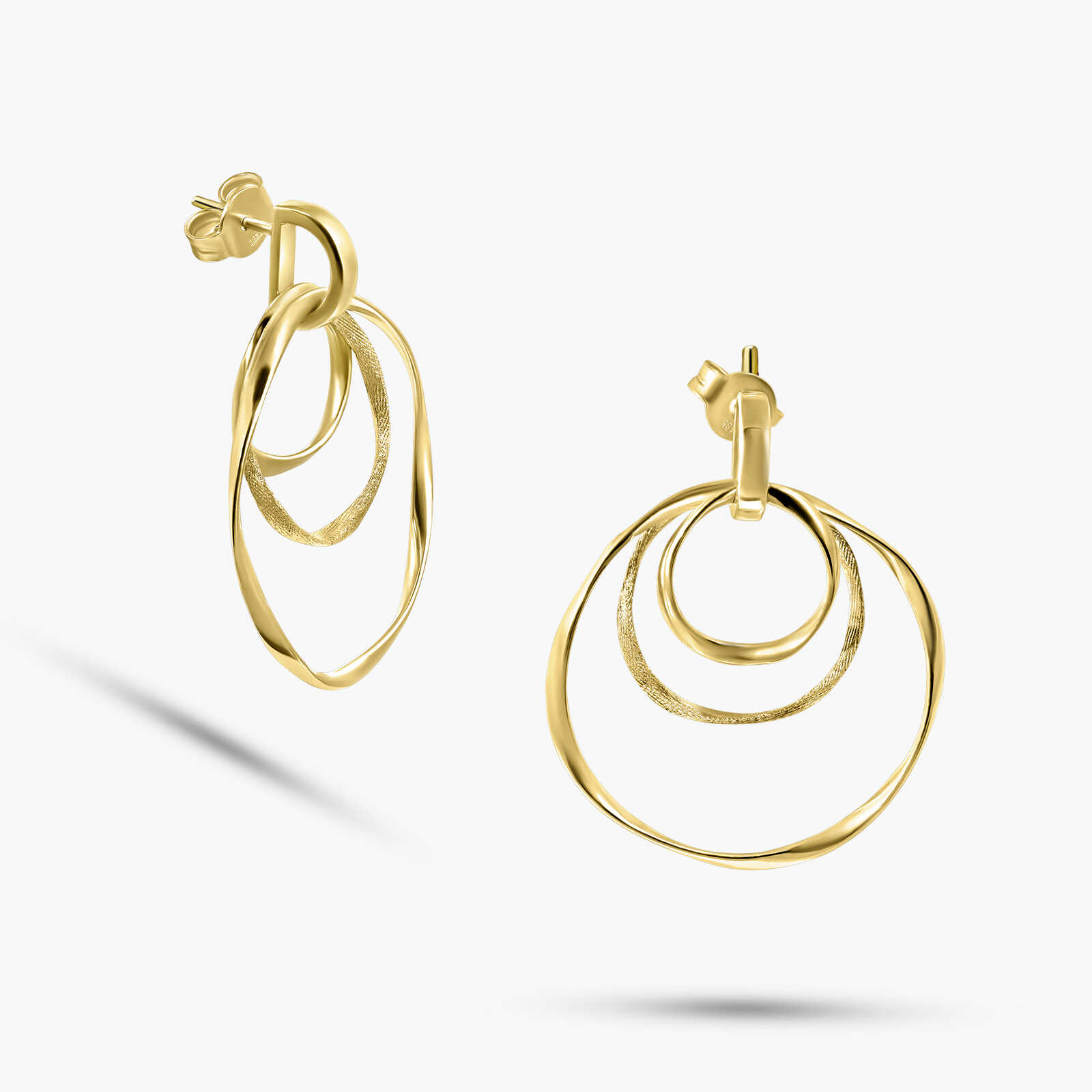 עגילי זהב 14K בעיצוב תלת שכבתי של שלוש חישוקים