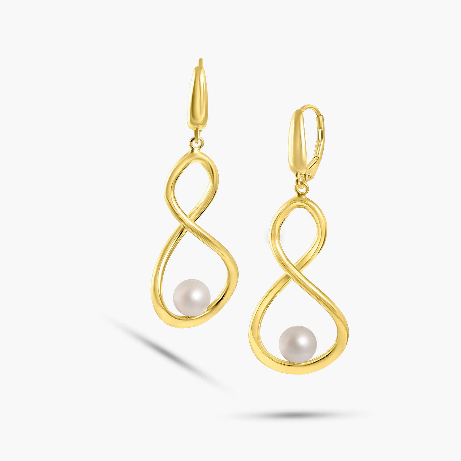 עגילי זהב 14K בעיצוב אינפיניטי בשילוב פנינה