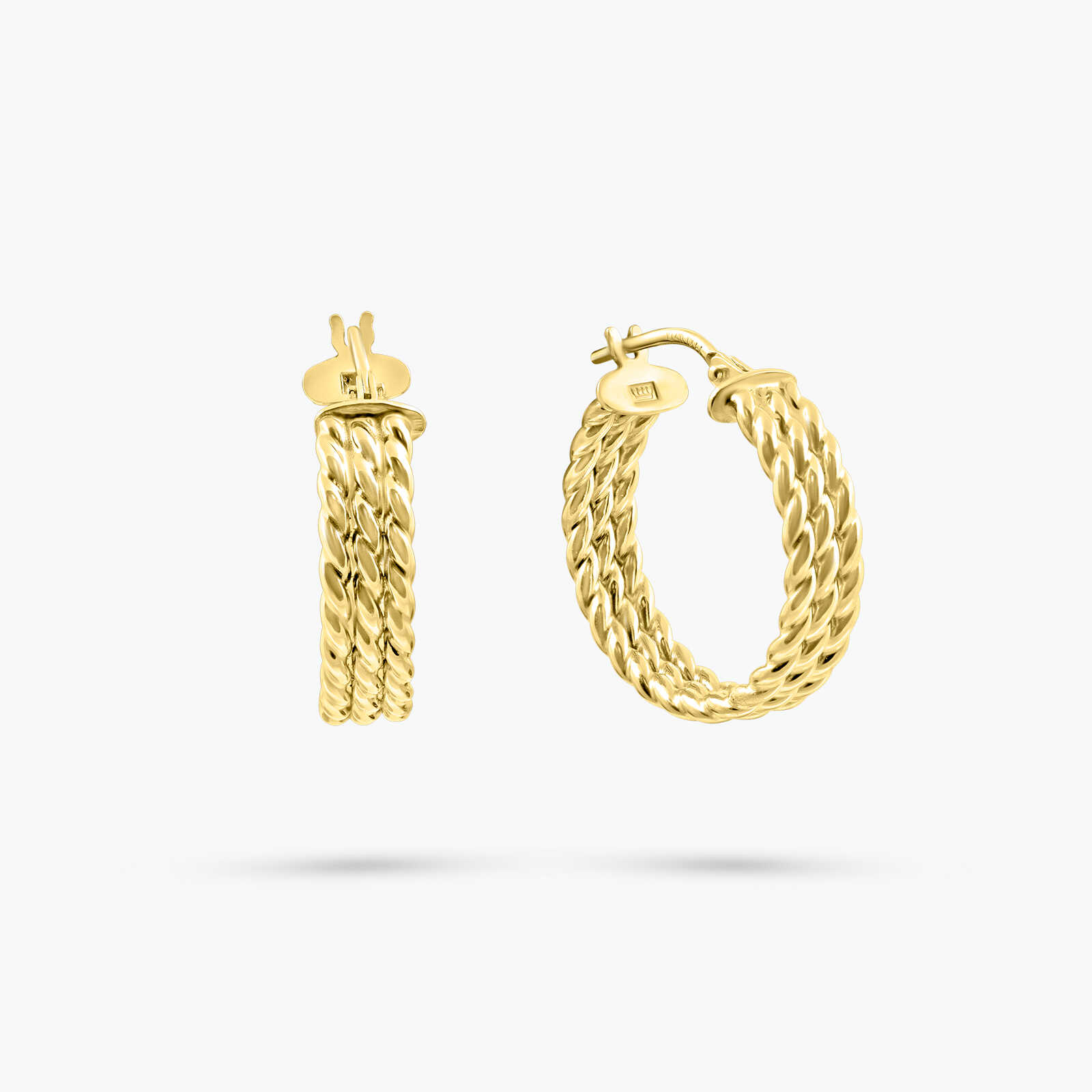 עגילי חישוק 3 שורות מזהב 14K במראה קלוע