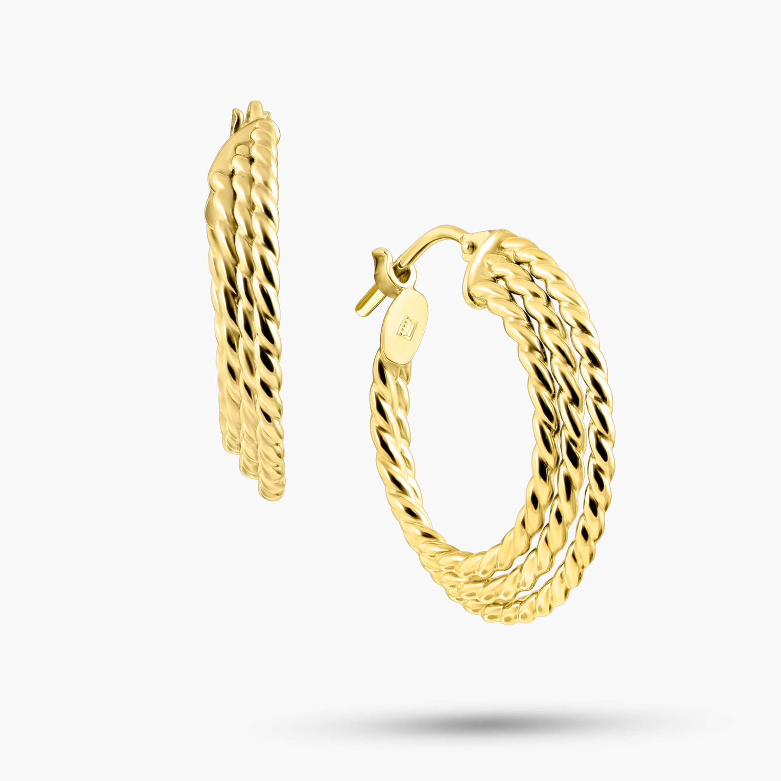 עגילי חישוק מזהב 14K בעיצוב שזור תלת- שכבתי