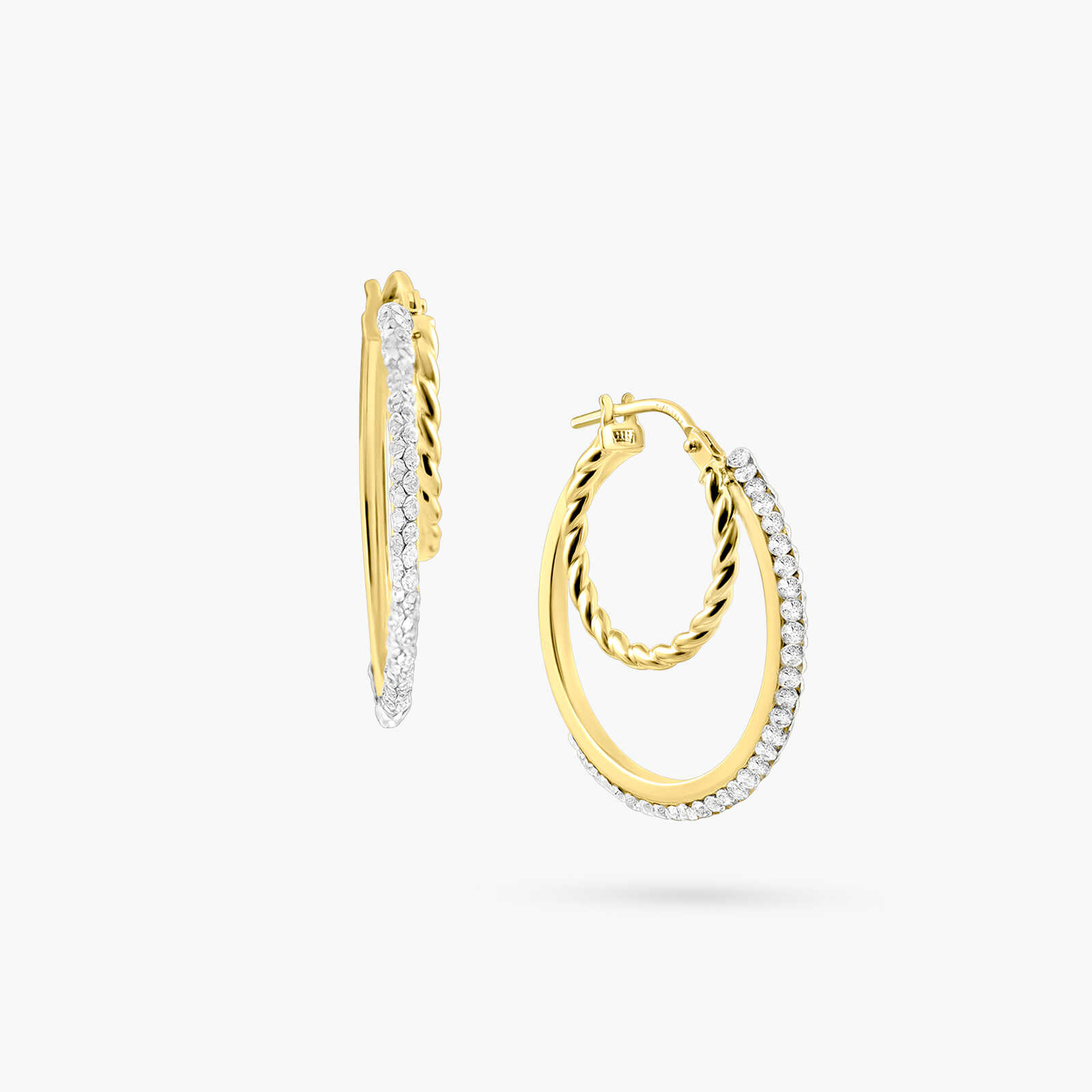 עגילי זהב 14K בעיצוב חישוק כפול משובץ זרקונים