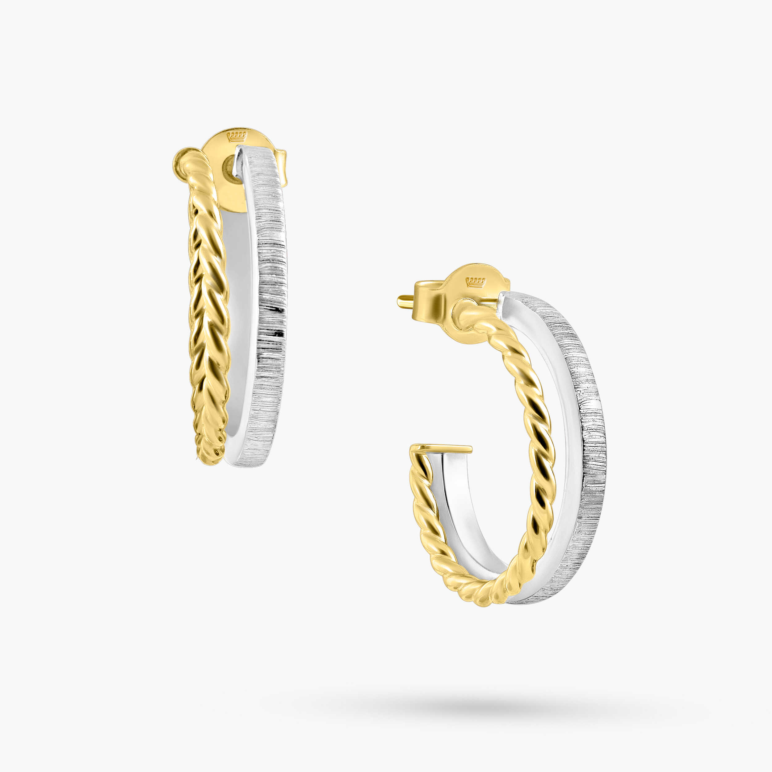 עגילי חישוק זהב 14K בשני גוונים בטקסטורה ייחודית