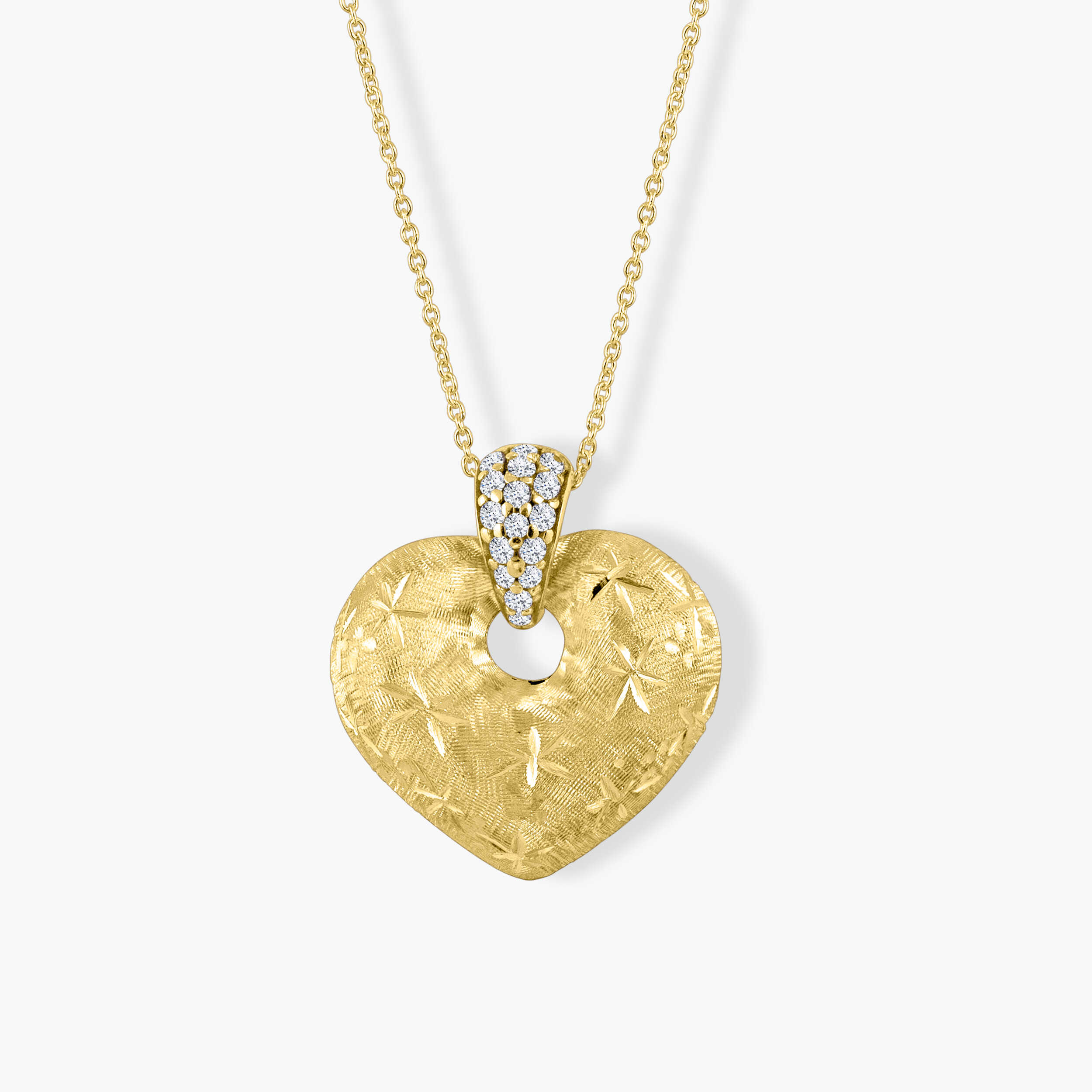 תליון לב מזהב מט 14K בשיבוץ זירקונים.