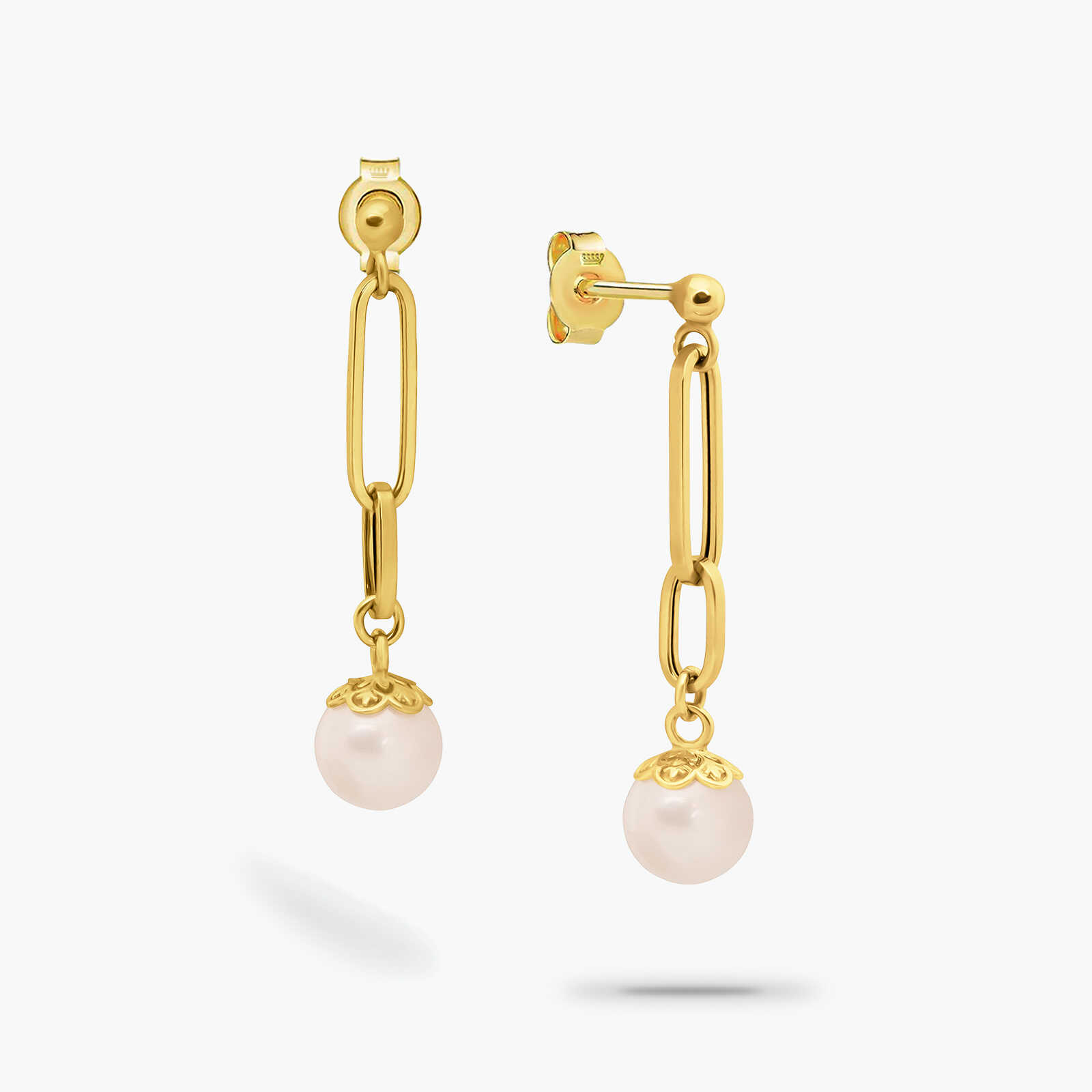 עגילי חוליות מזהב עם סיומת פנינה