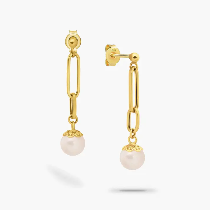 עגילי חוליות מזהב עם סיומת פנינה