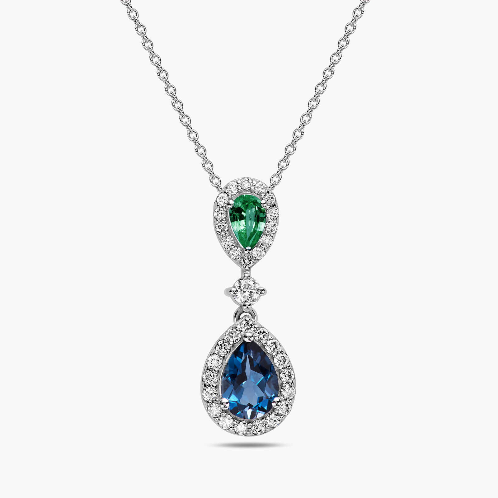 תליון זהב עם שתי טיפות בלו לונדון ואמרלד אחת מעל השניה מוקפות יהלומים