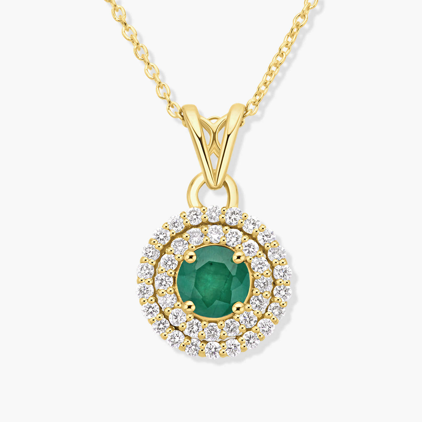 תליון זהב משובץ באבן אמרלד מוקפת שני מעגלי יהלומים