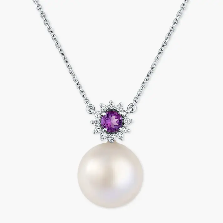 תליון זהב 14K משובץ אמטיסט, יהלומים ופנינה