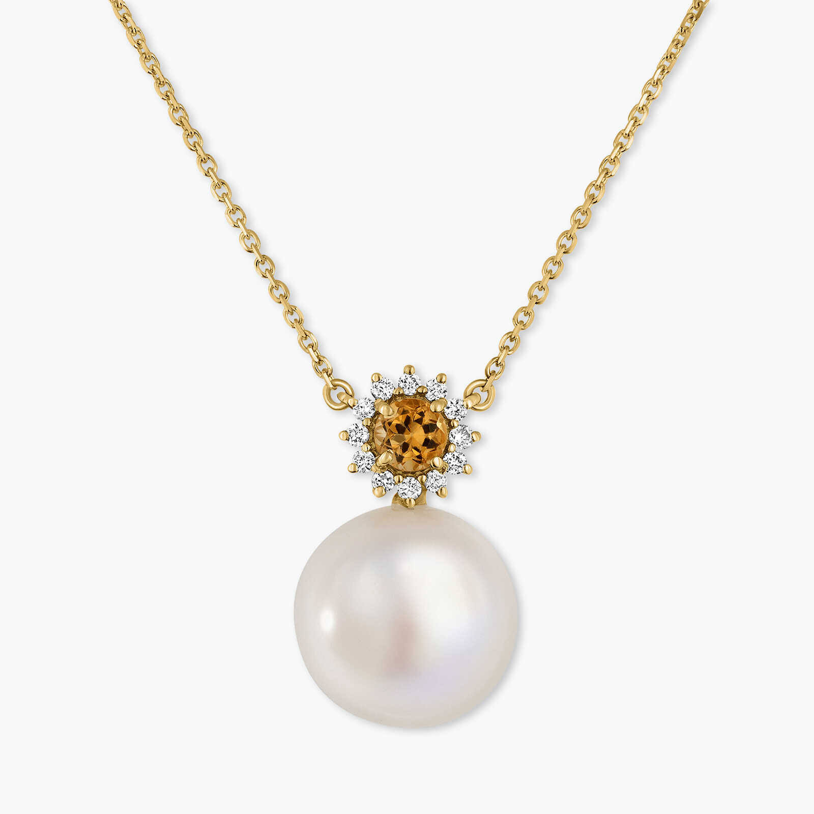 תליון זהב 14K משובץ סיטרין, יהלומים ופנינה