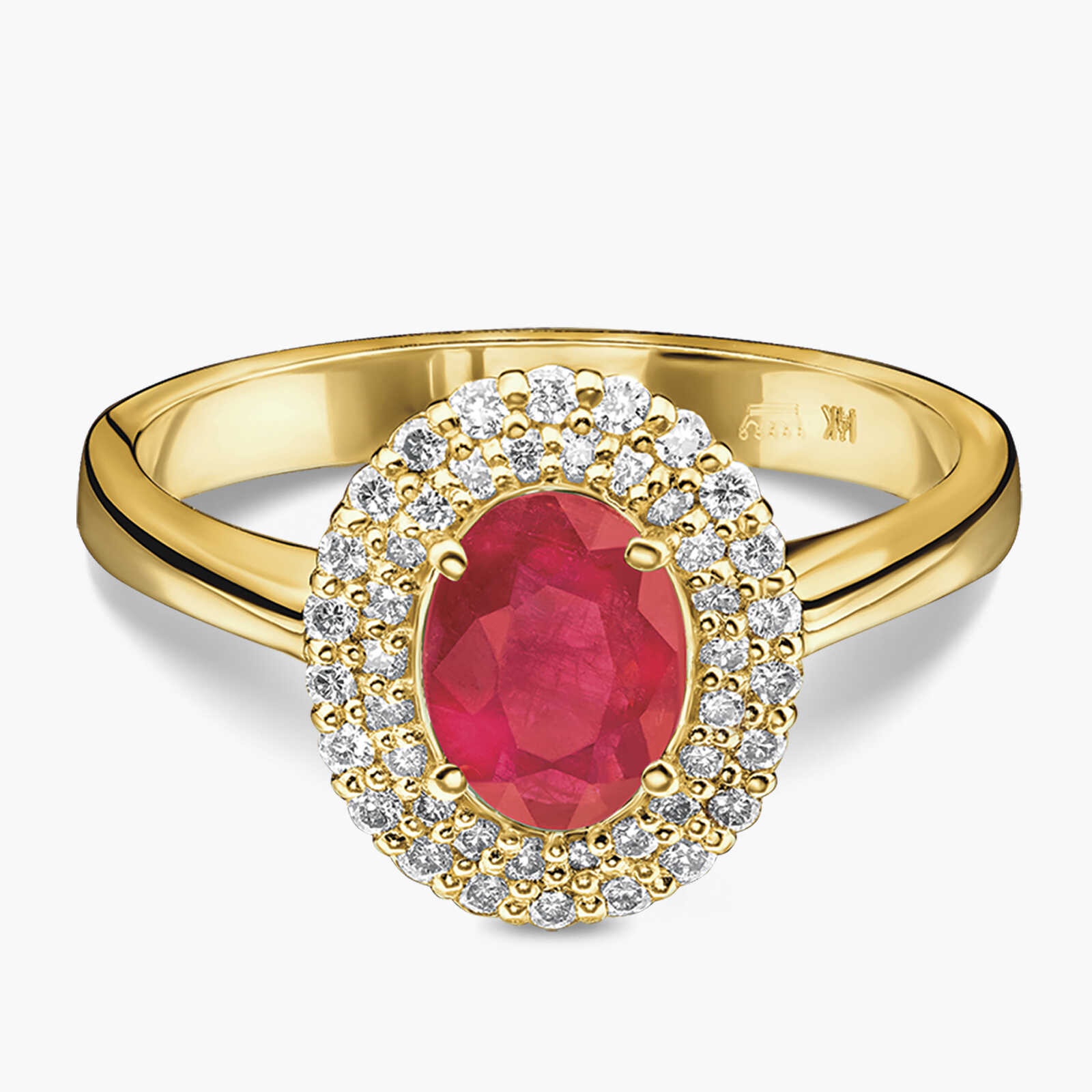 טבעת זהב משובצת אבן רובי מוקפת יהלומים