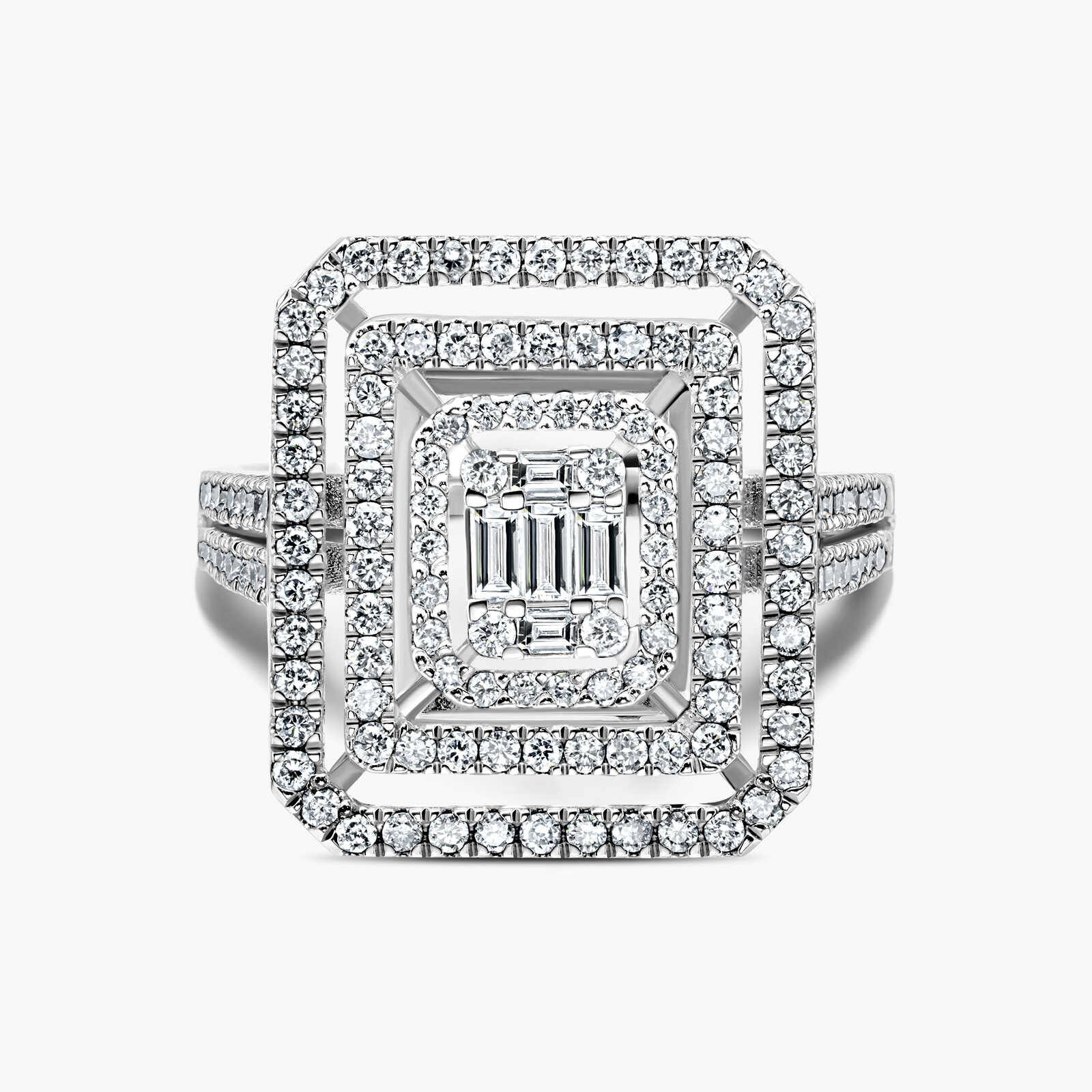 טבעת זהב מרובעת משובצת יהלומים עגולים ובחיתוך באגט