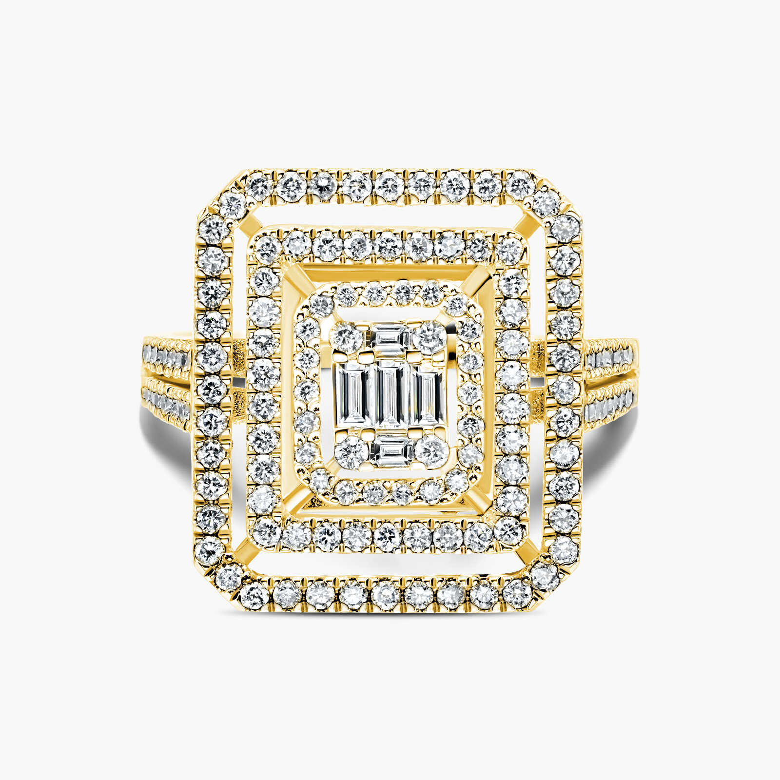 טבעת זהב מרובעת משובצת יהלומים עגולים ובחיתוך באגט