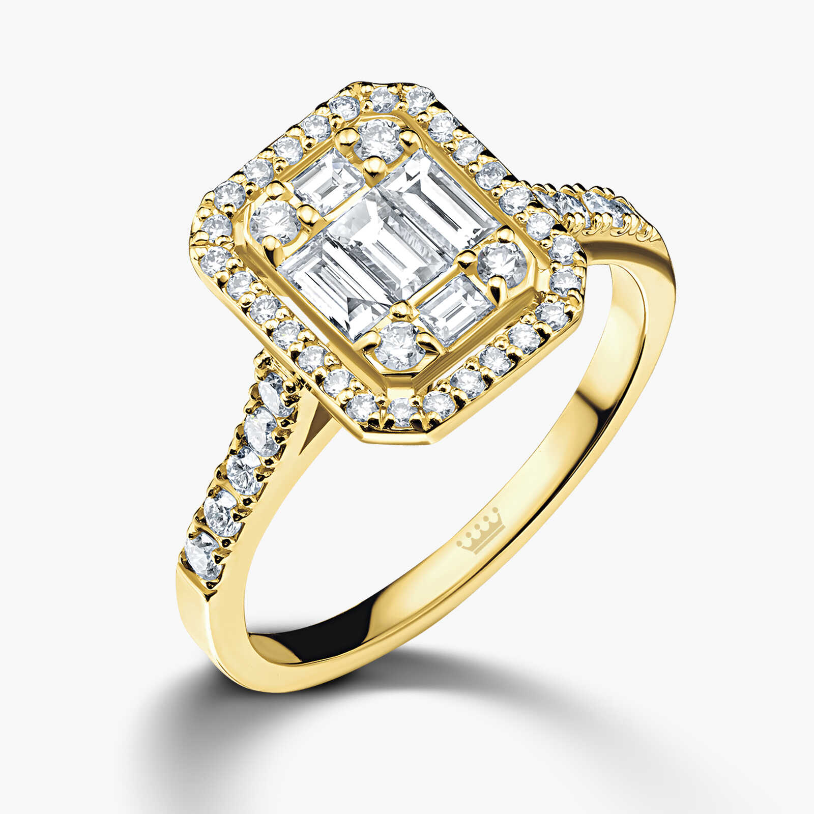 טבעת זהב משובצת ביהלומי באגט ועגולים