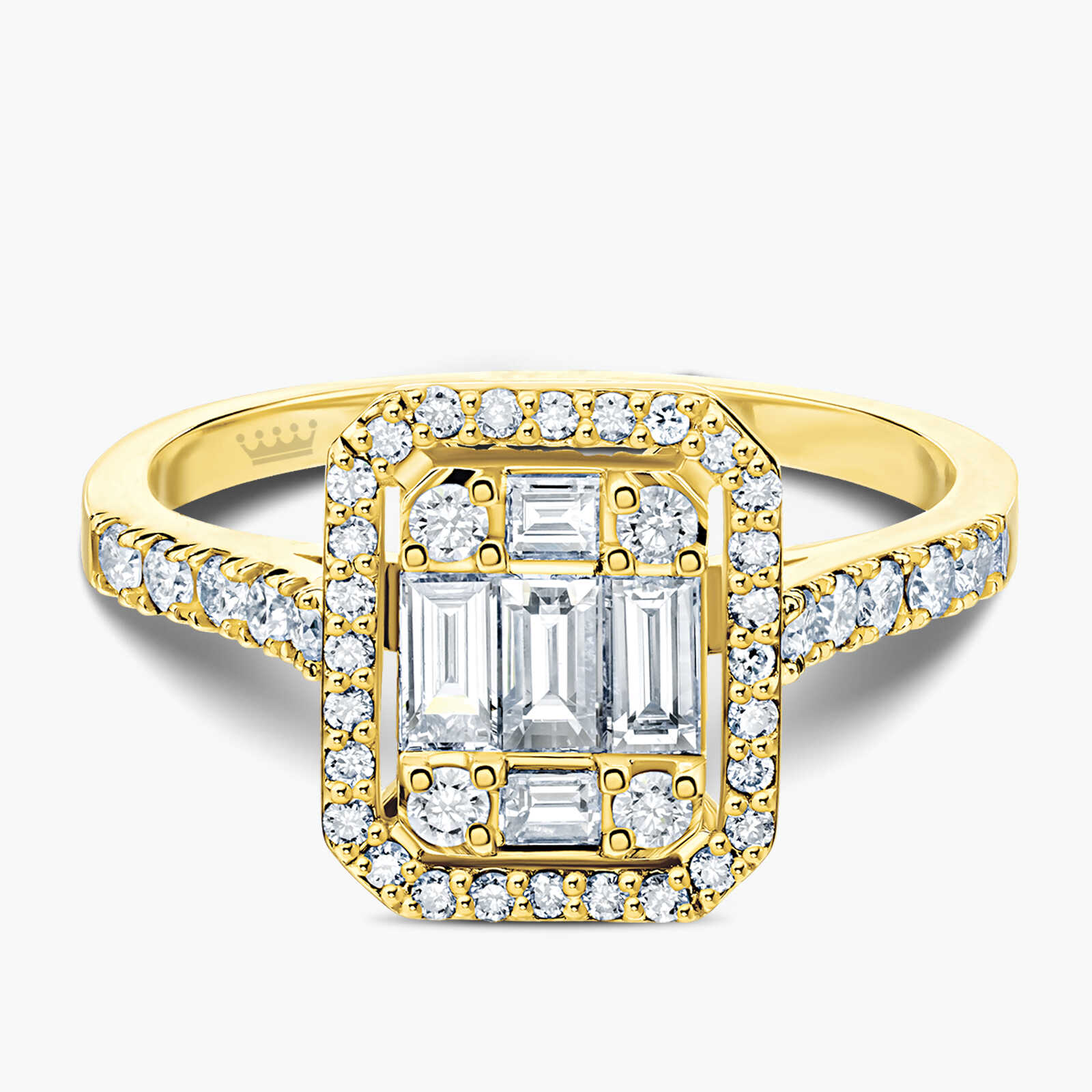 טבעת זהב משובצת ביהלומי באגט ועגולים