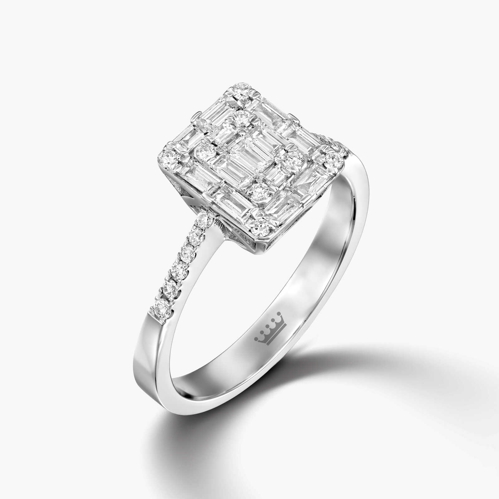 טבעת יהלומי באגט עם ראש מרובע