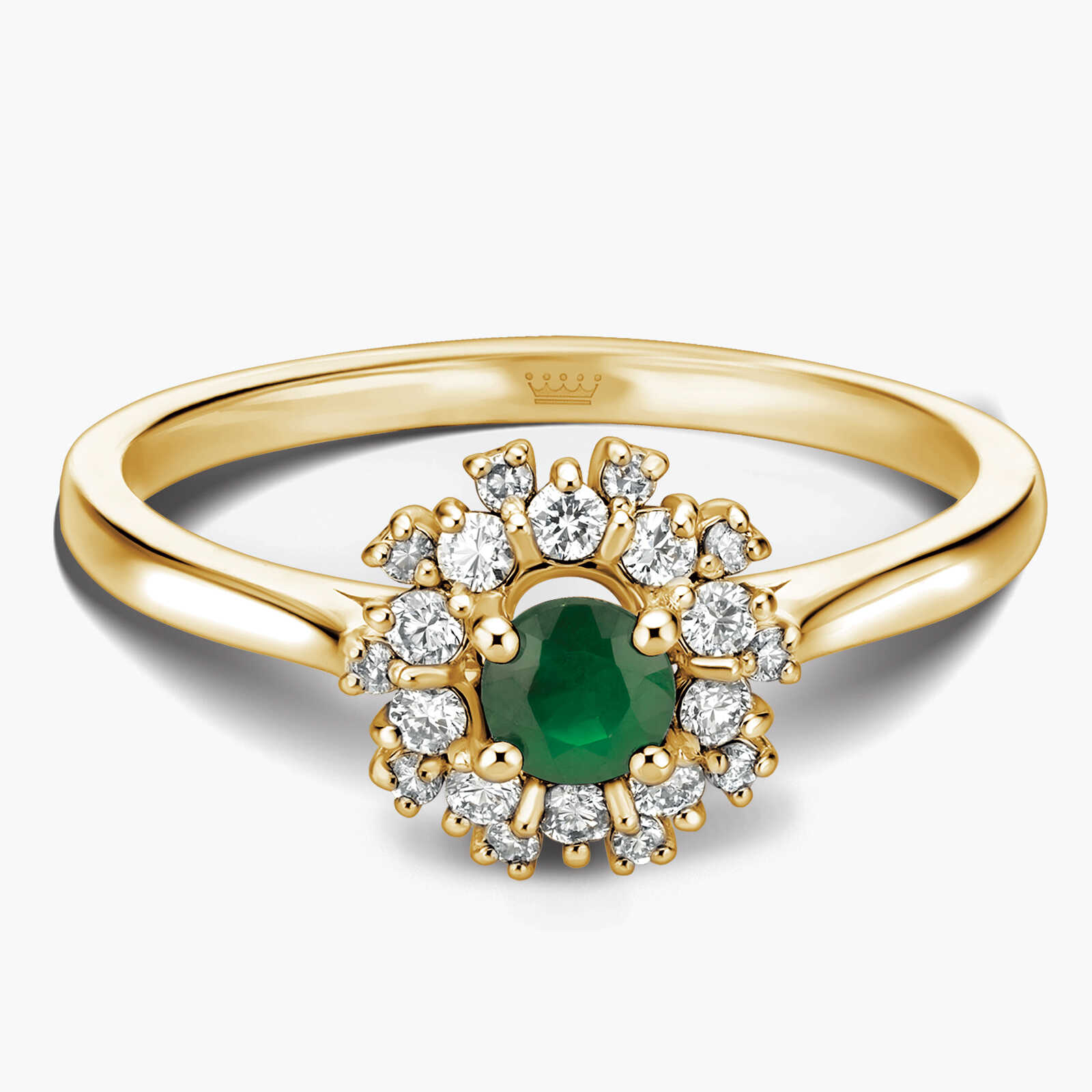 טבעת יהלום משובצת יהלומים ואבן אמרלד ירוקה