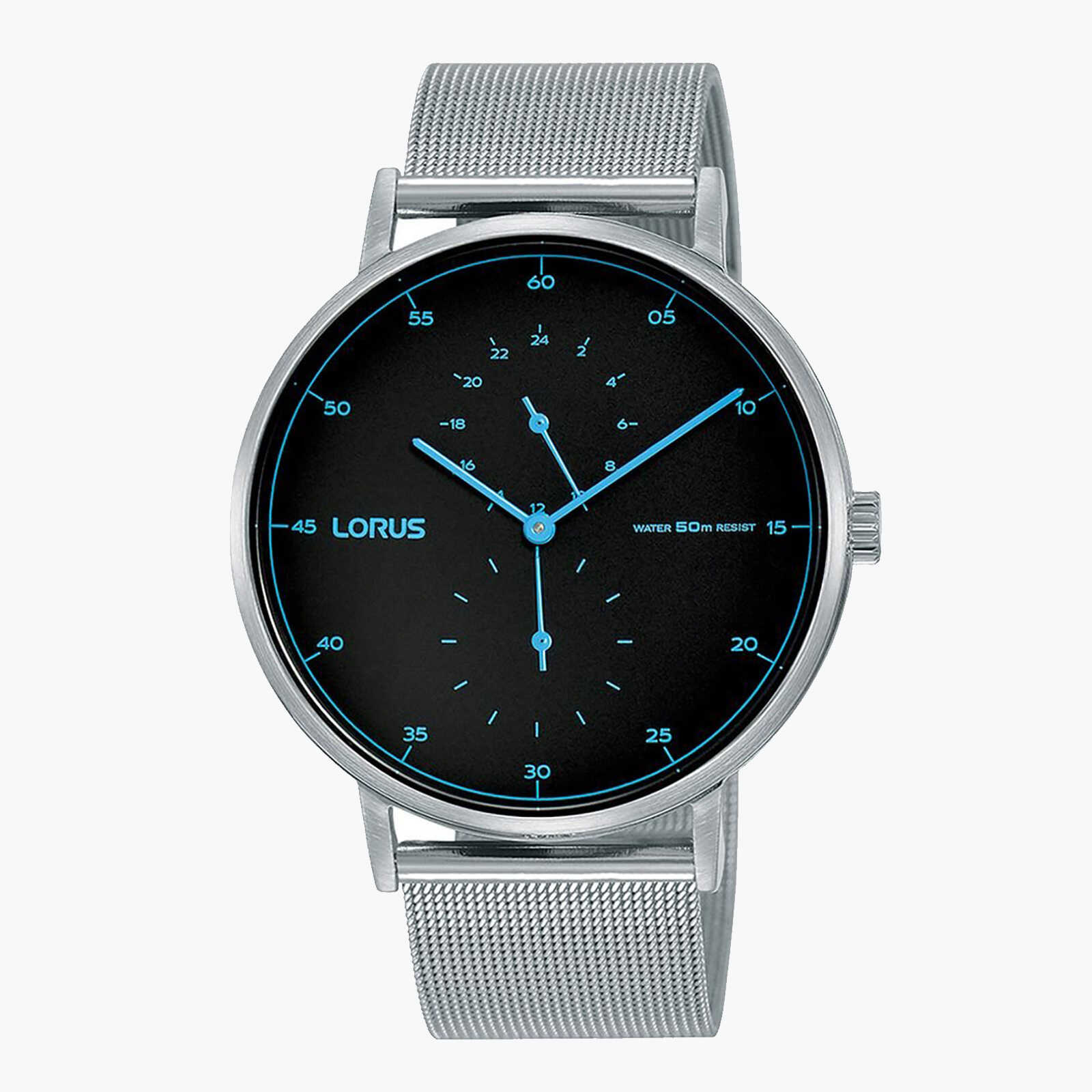 שעון lorus עם לוח שחור ותכלת