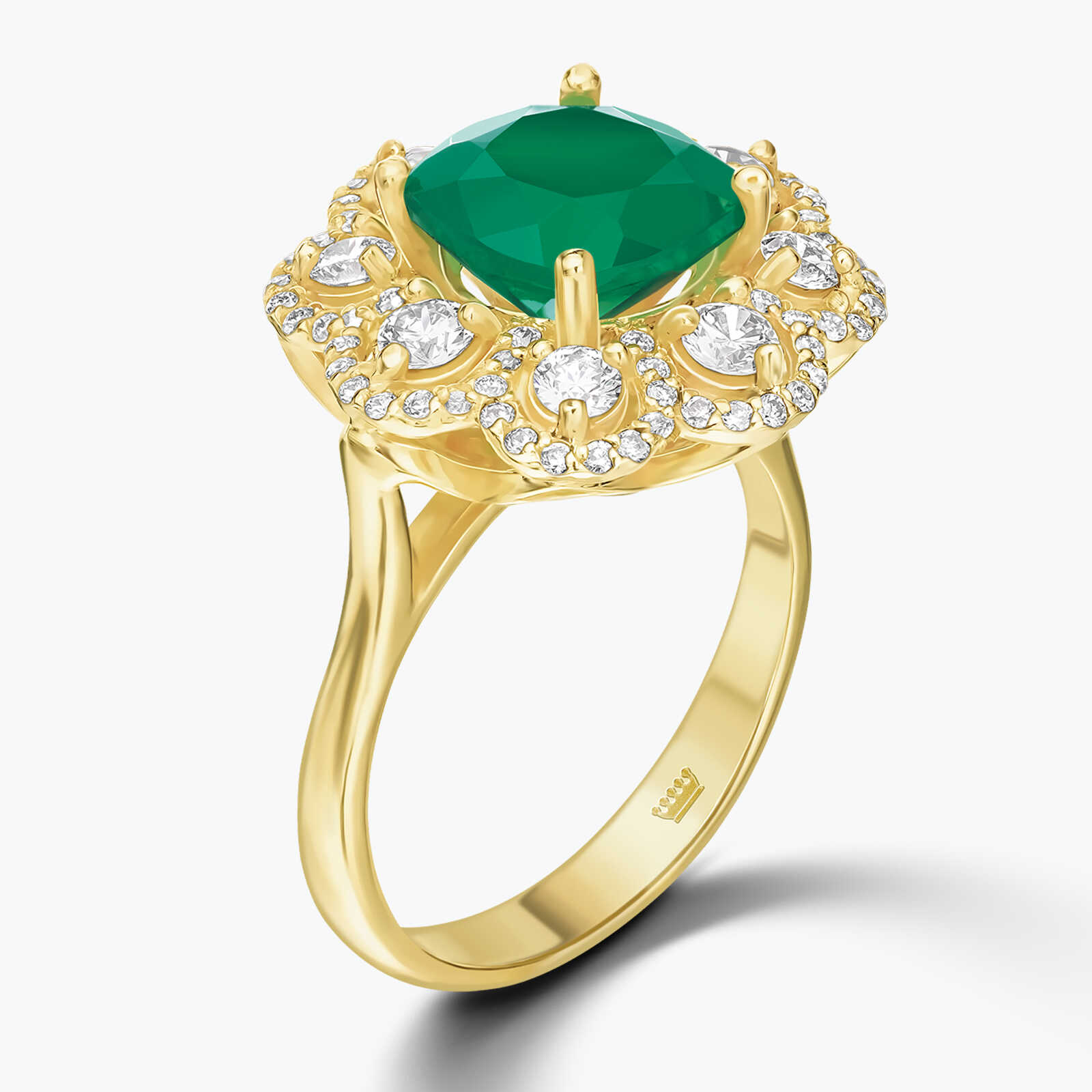 טבעת זהב משובצת אבן אגת המוקפת פרח יהלומים