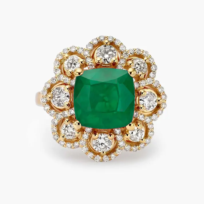 טבעת זהב משובצת אבן רובי גלס המוקפת פרח יהלומים