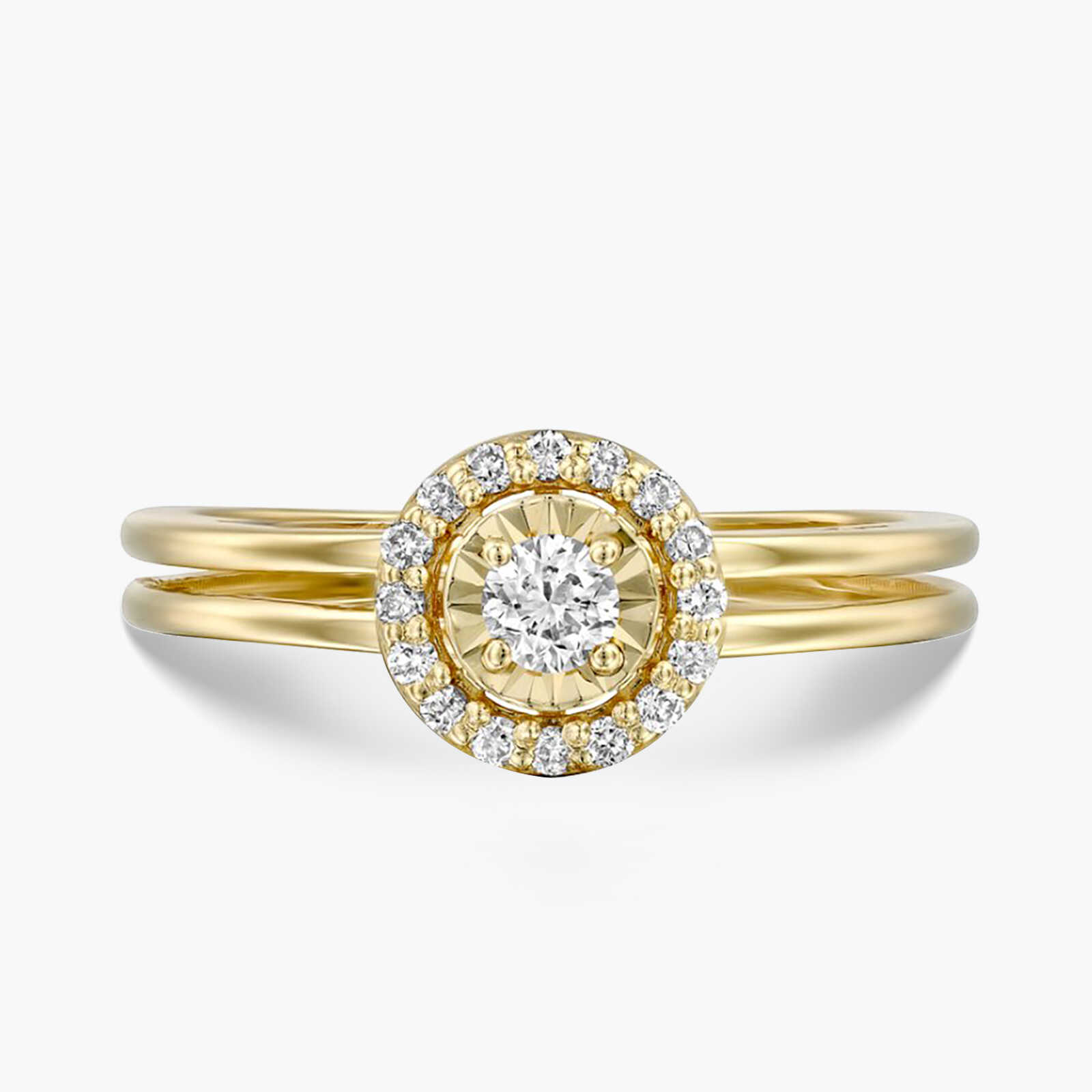 טבעת זהב משובצת יהלום המוקף יהלומים קטנים