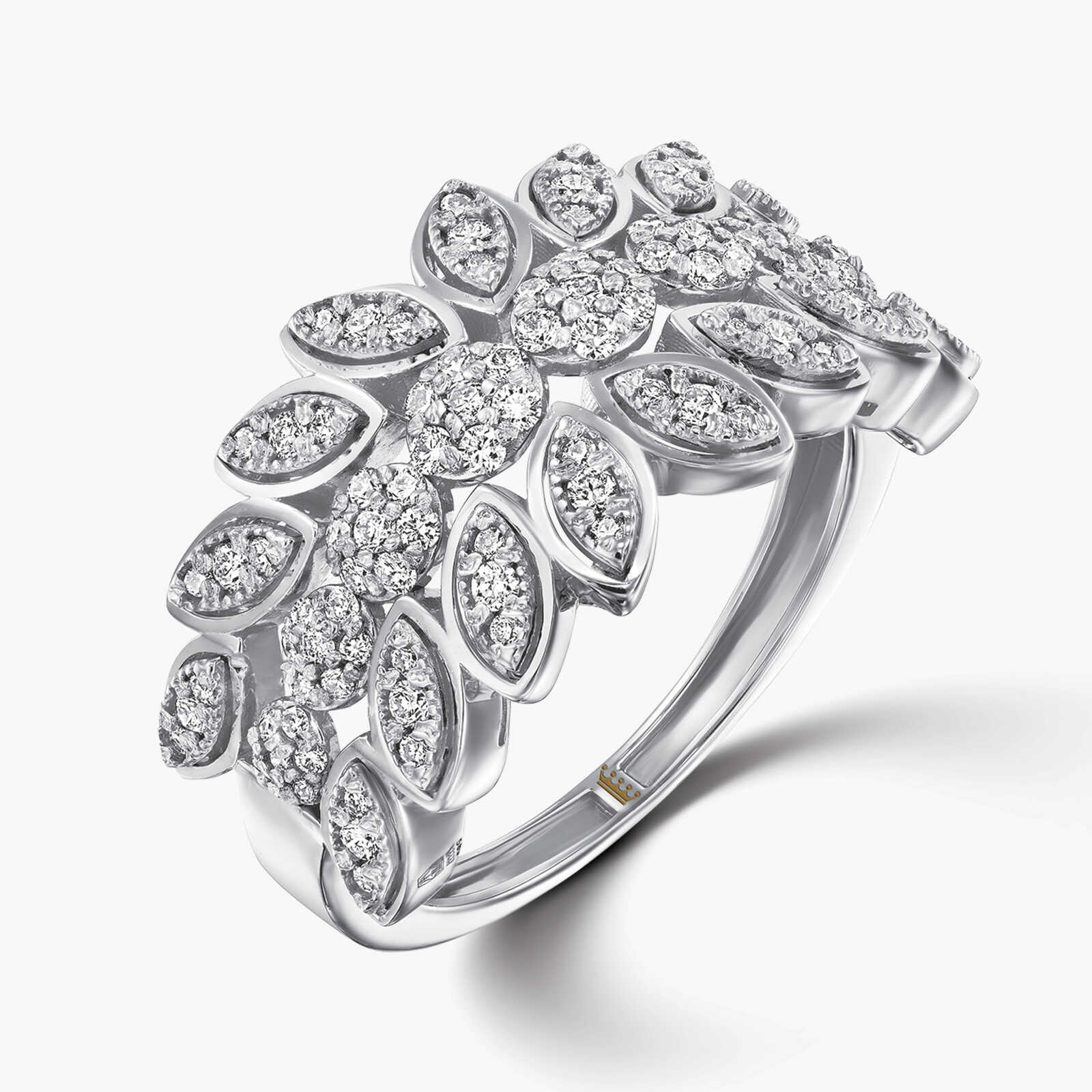 טבעת זהב 14K פרחים ועלים בשיבוץ יהלומים