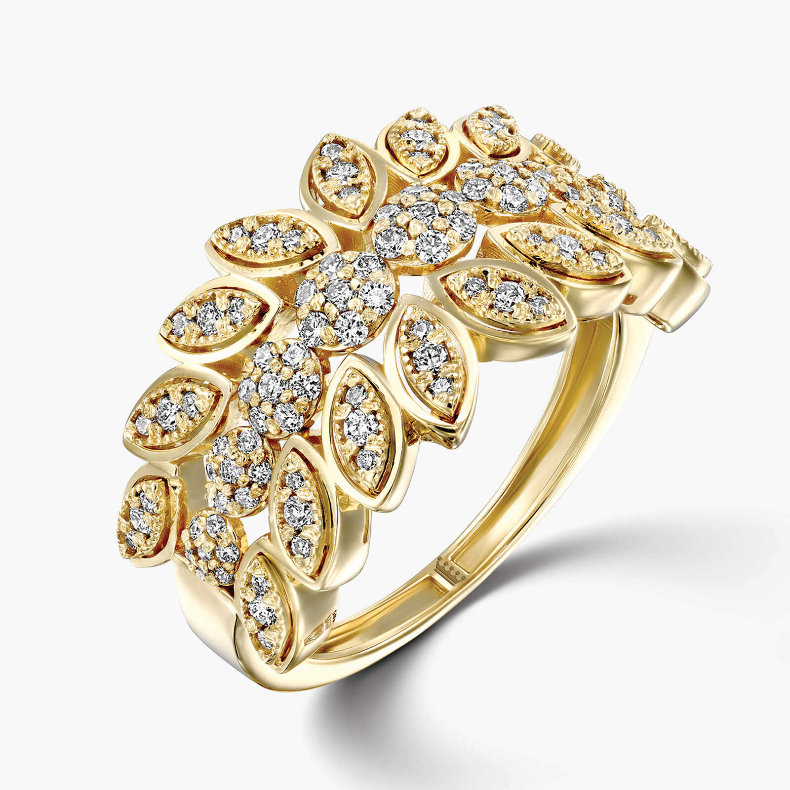טבעת זהב 14K פרחים ועלים בשיבוץ יהלומים