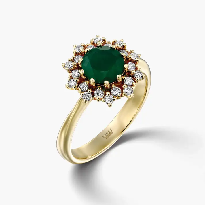 טבעת פרח יהלומים ואבן אגת ירוקה