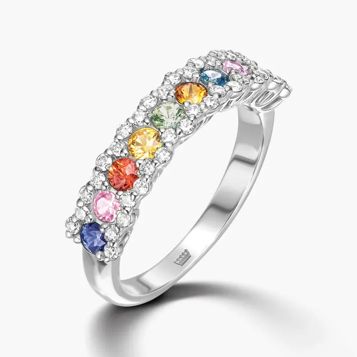 טבעת RAINBOW WHITE משובצת יהלומים וספירים