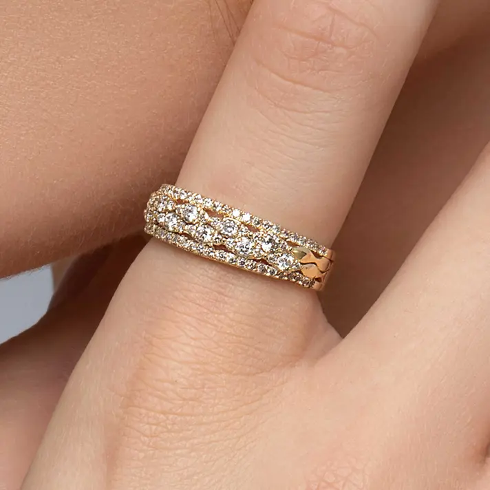 טבעת זהב 4 שורות משובצת יהלומים