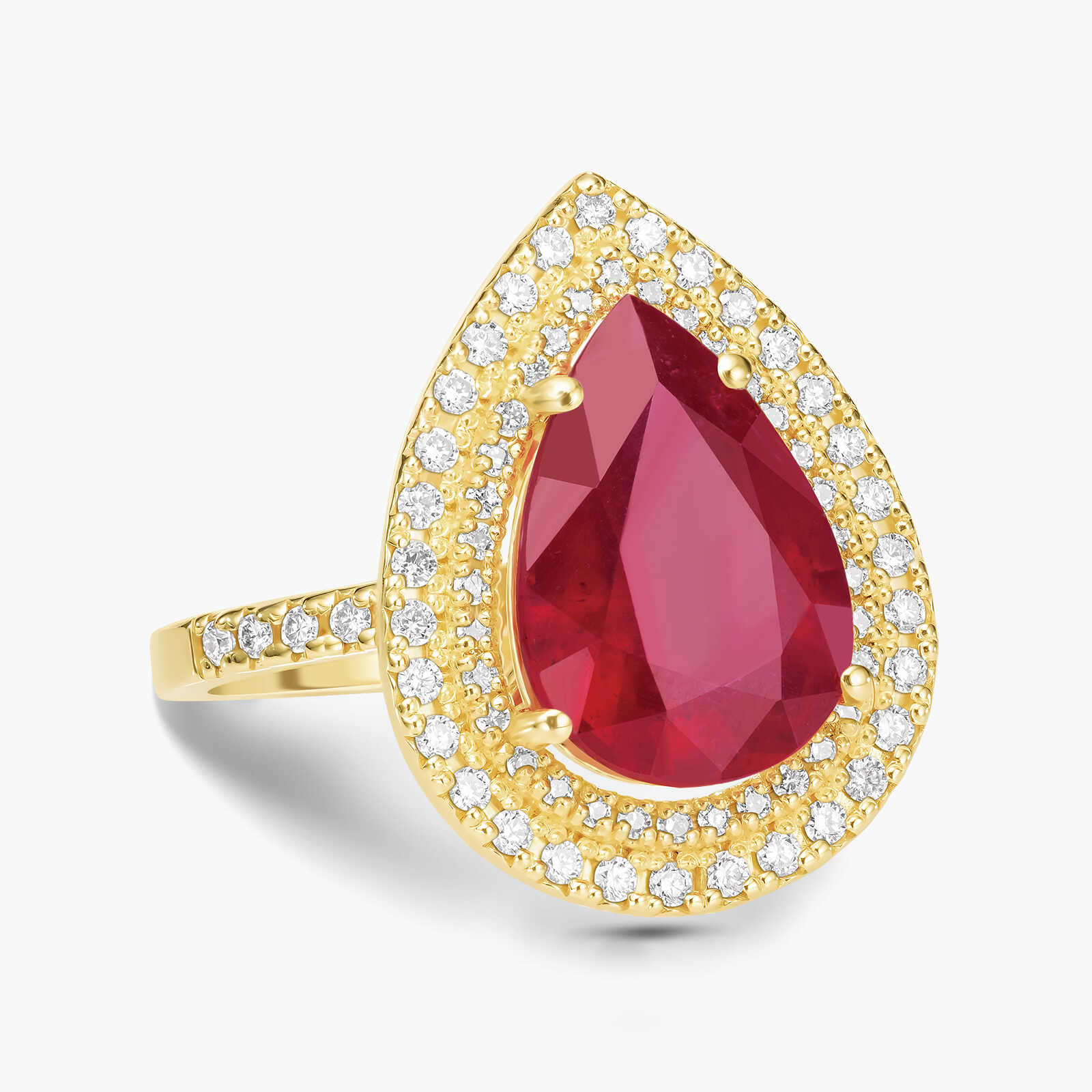 טבעת זהב עם ראש טיפה גדול בשיבוץ אבן רובי גלס ויהלומים