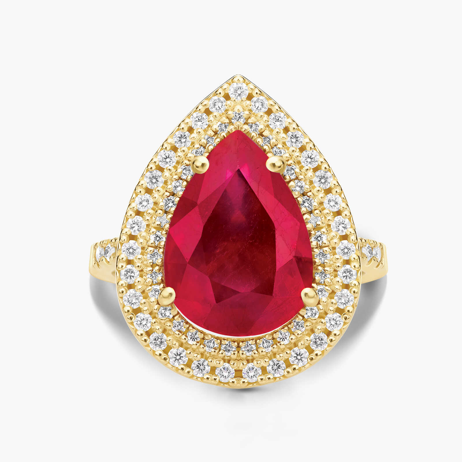 טבעת זהב עם ראש טיפה גדול בשיבוץ אבן רובי גלס ויהלומים