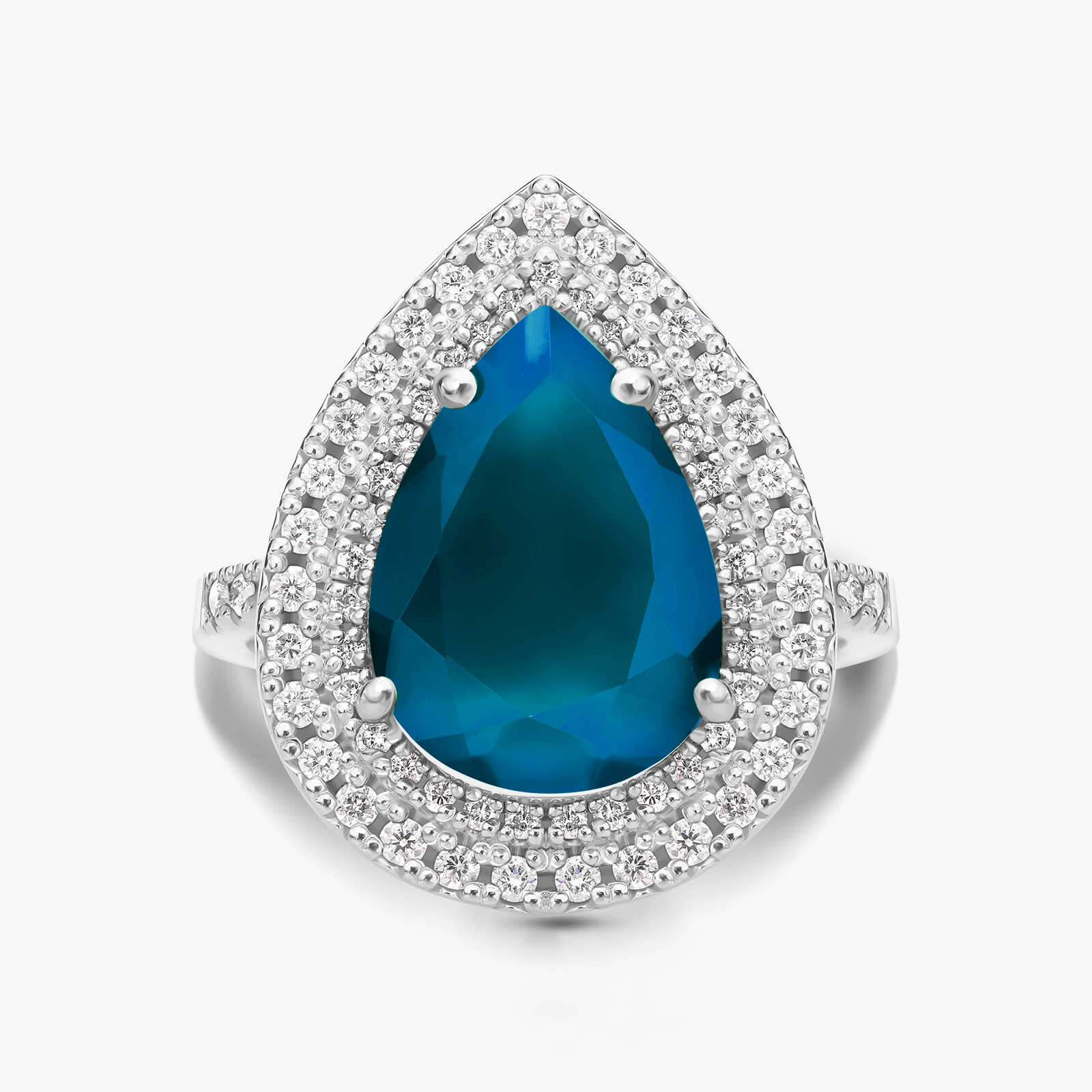 טבעת זהב עם ראש טיפה גדול בשיבוץ בלו לונדון ויהלומים