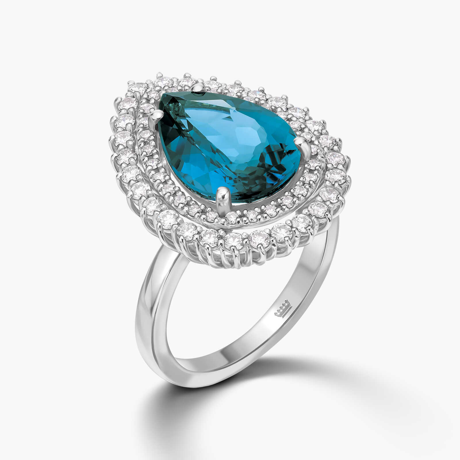 טבעת זהב עם ראש טיפה גדול בשיבוץ אבן טופז בלו לונדון ויהלומים