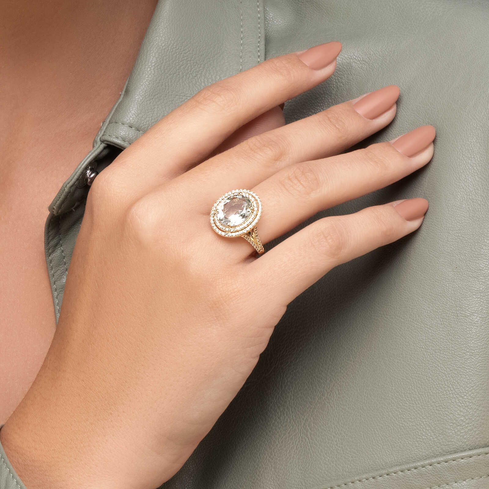 טבעת זהב משובצת אבן גרין אמטיסט ויהלומים