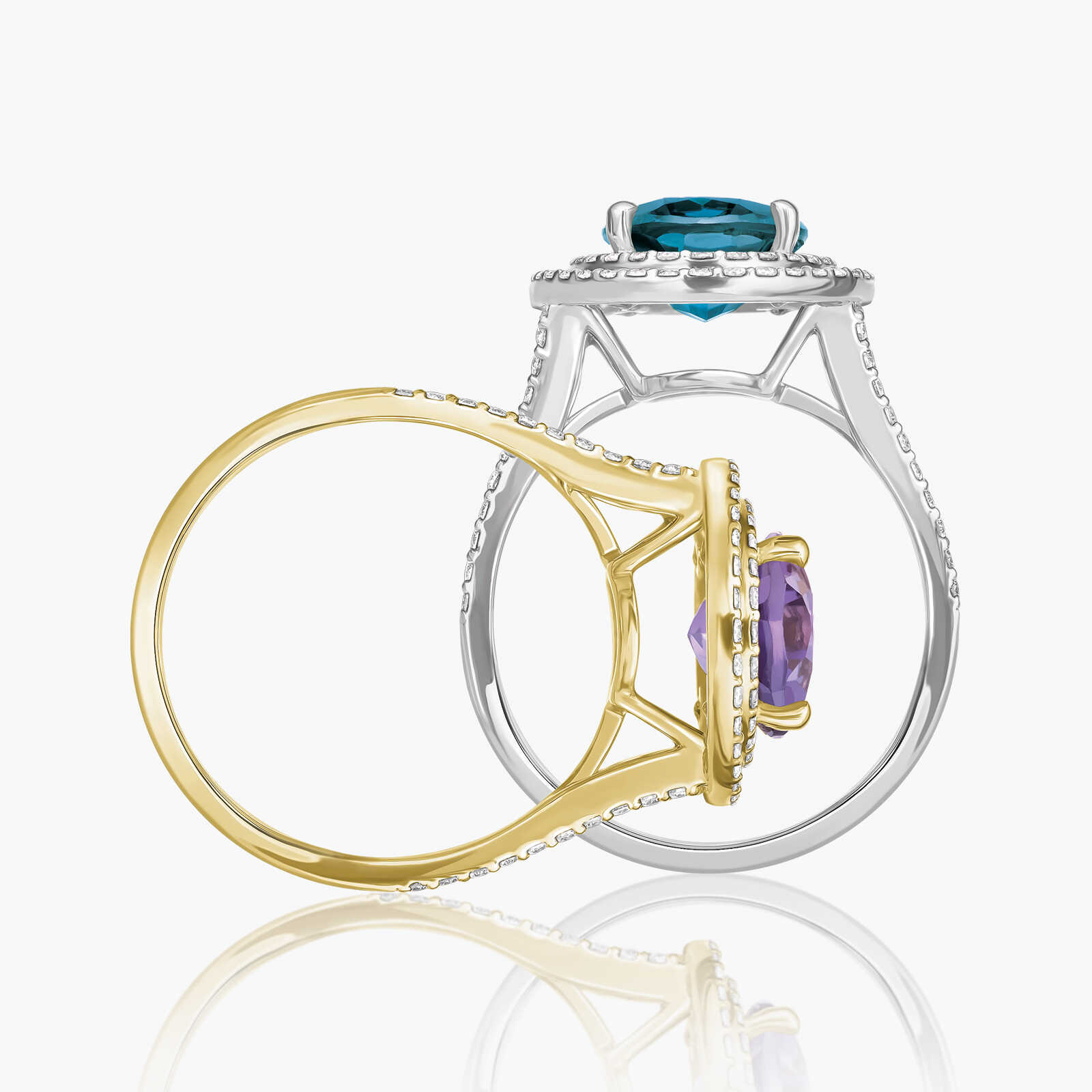 טבעת זהב משובצת יהלומים ואבן בלו טופז