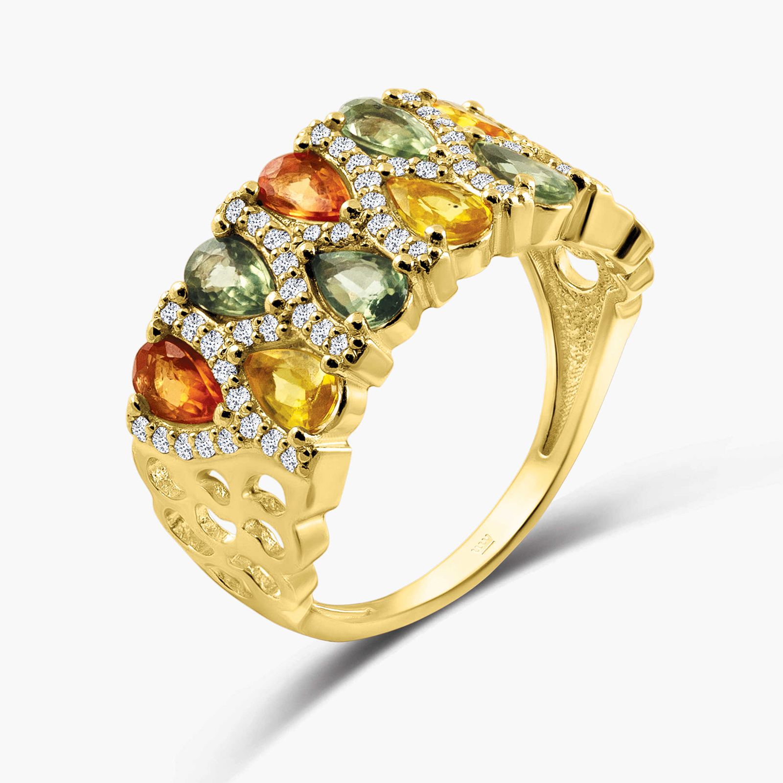 טבעת זהב 14K בשיבוץ אבני ספיר ויהלומים 
