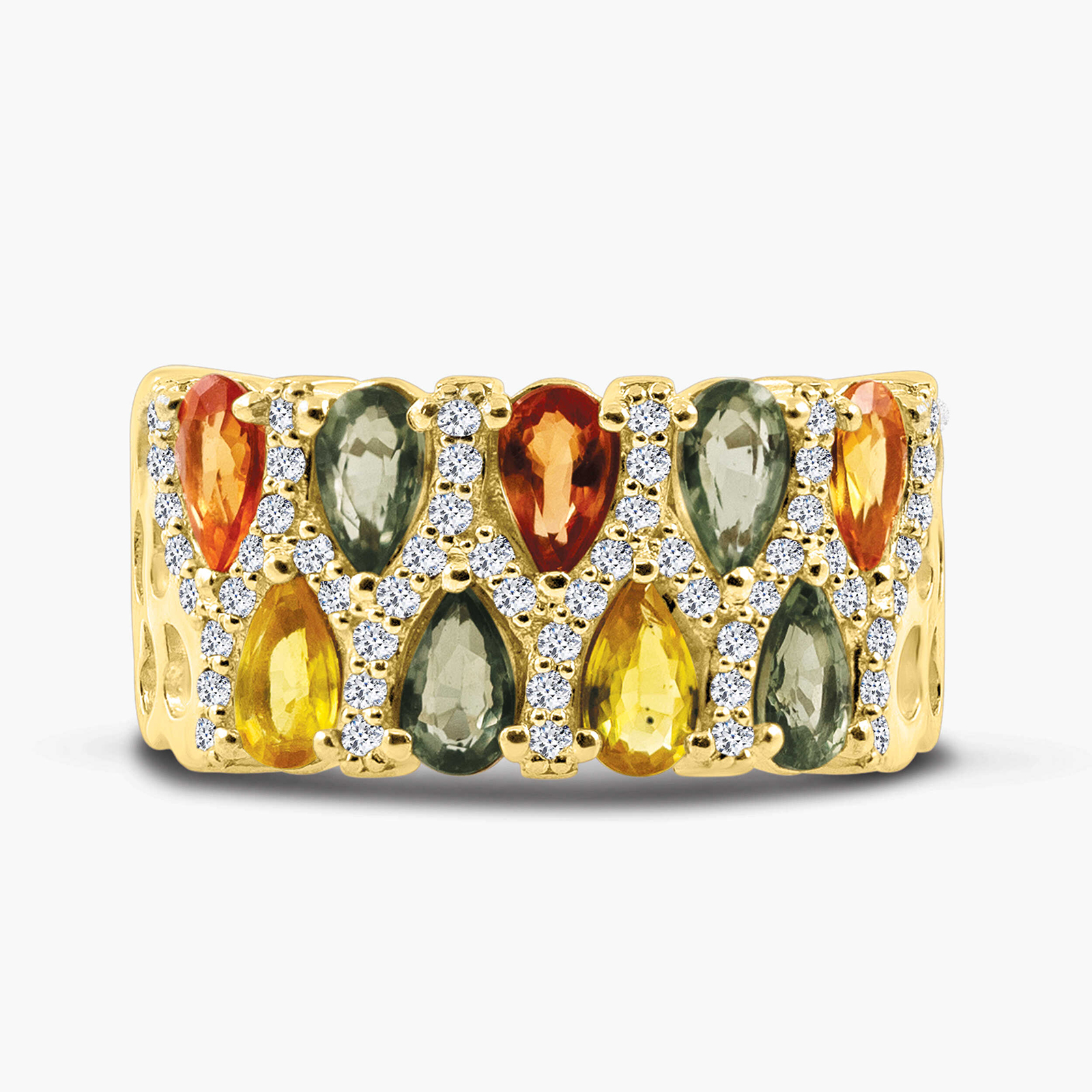 טבעת זהב 14K בשיבוץ אבני ספיר ויהלומים 
