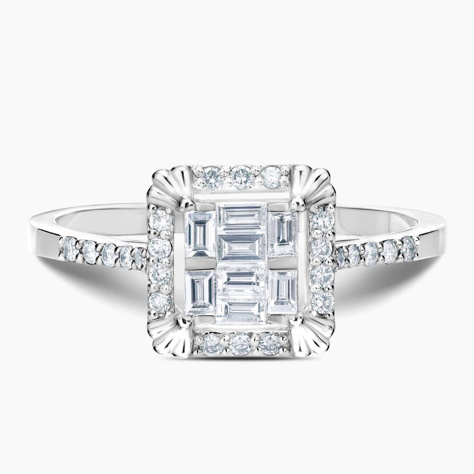 טבעת זהב עם ראש מרובע משובץ יהלומים בחיתוך באגט