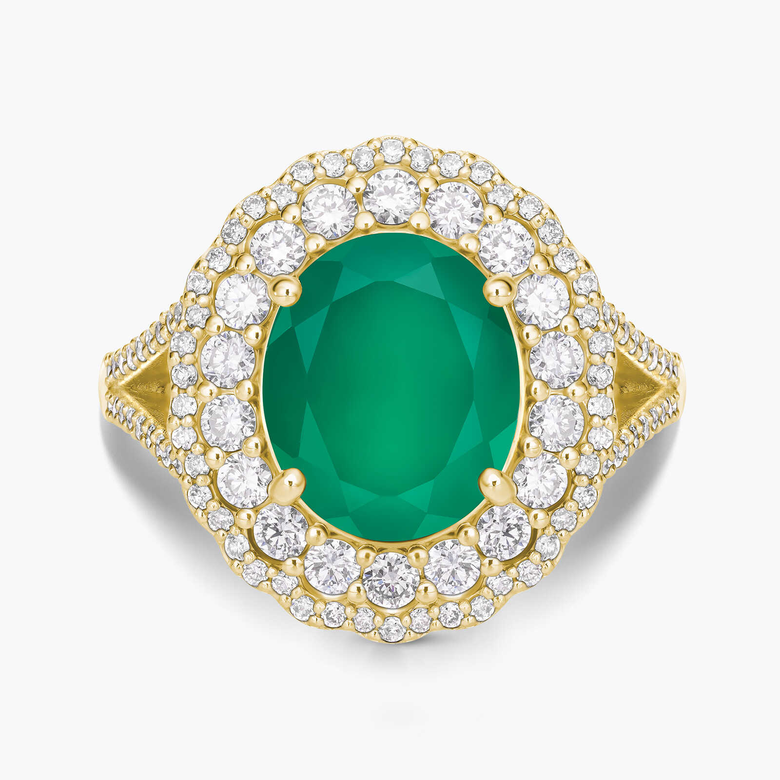 טבעת זהב משובצת אגת ירוקה ו 100 יהלומים