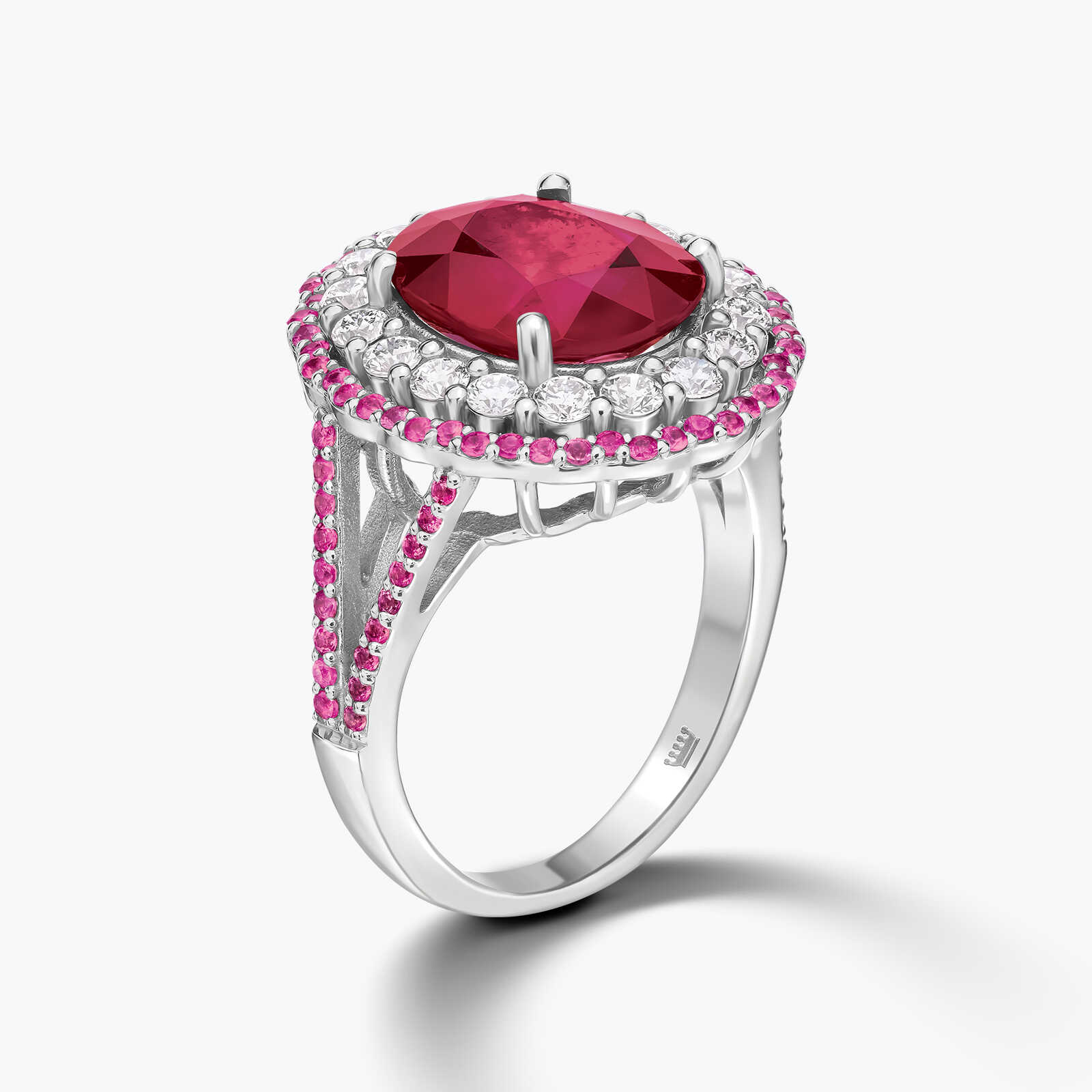 טבעת זהב משובצת אבן Ruby glass יהלומים וספירים ורודים