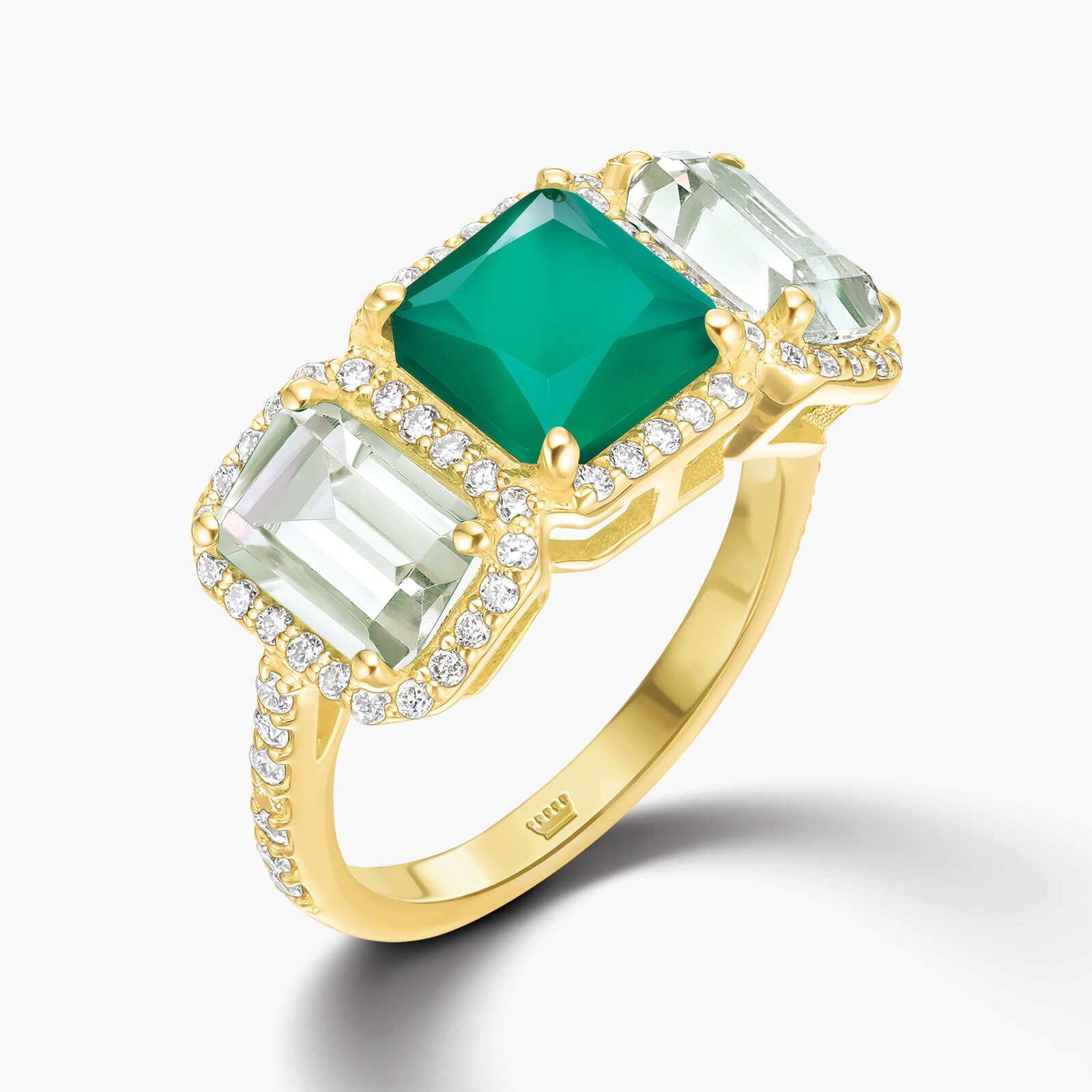 טבעת מדלן זהב 14K משובצת אגת, גרין אמטיסט ויהלומים