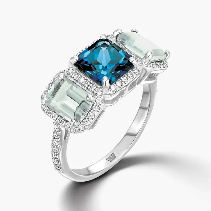 טבעת סופיה משובצת בלו לונדון, גרין אמטיסט ויהלומים