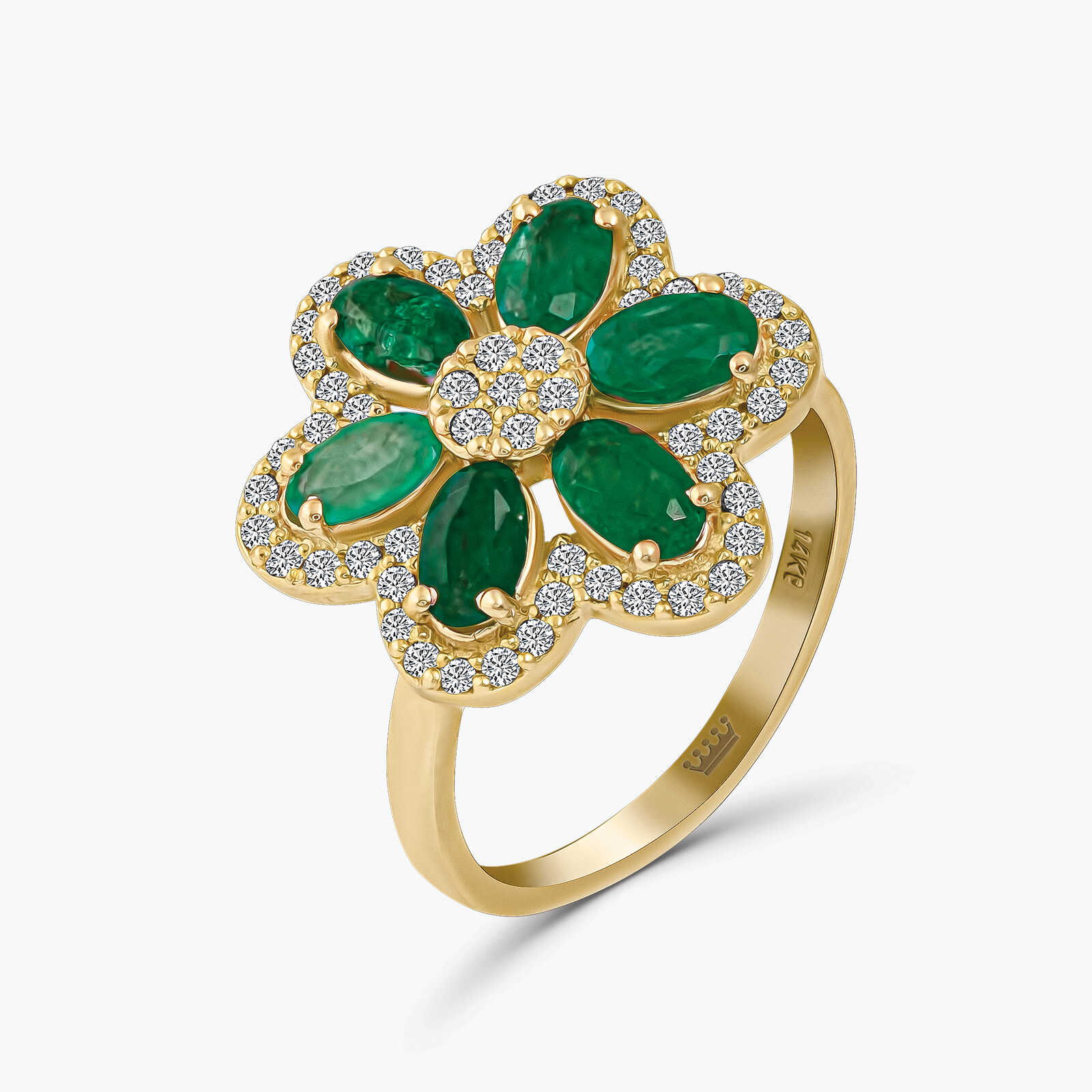 טבעת פרח משובצת יהלומים ואמרלדים