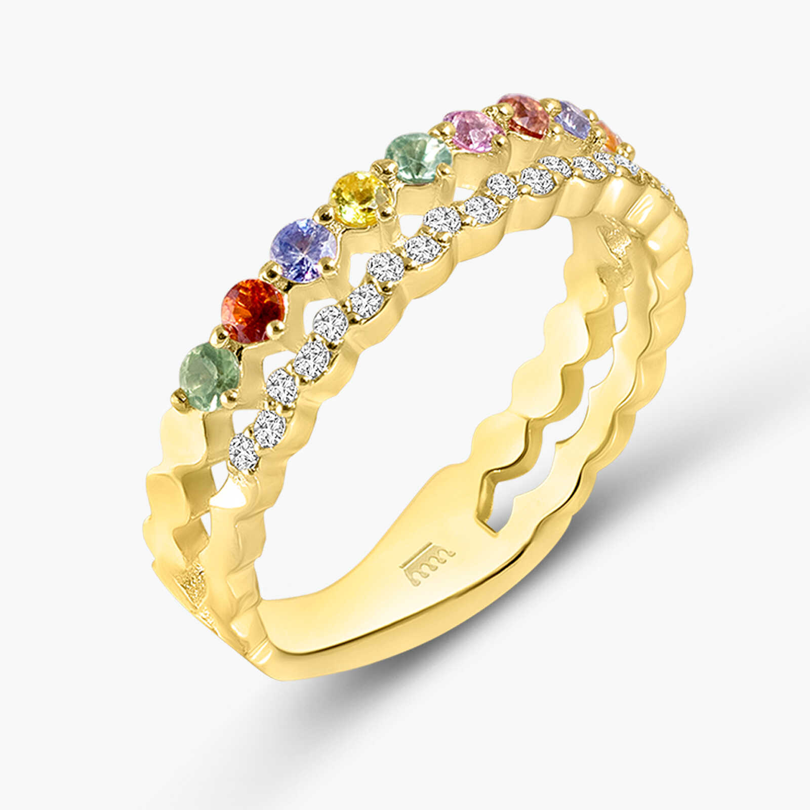 טבעת כפולה בצורת גל בשיבוץ יהלומים וספירים