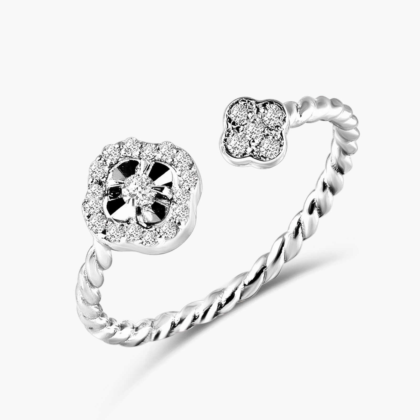 טבעת פתוחה בזהב צהוב 14K בעיצוב פרחוני עם יהלומים