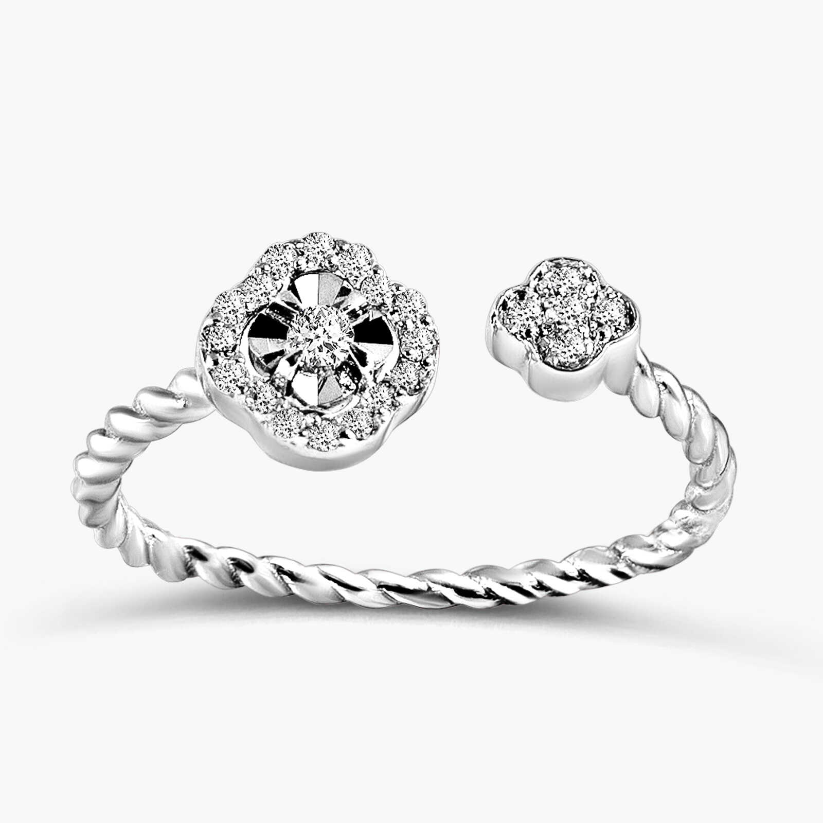 טבעת פתוחה בזהב צהוב 14K בעיצוב פרחוני עם יהלומים