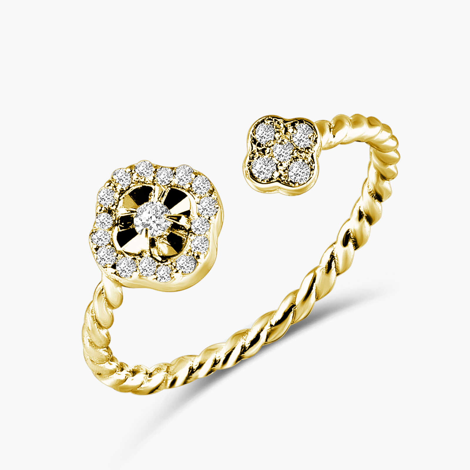 טבעת פתוחה בזהב צהוב 14K בעיצוב פרחוני עם יהלומים