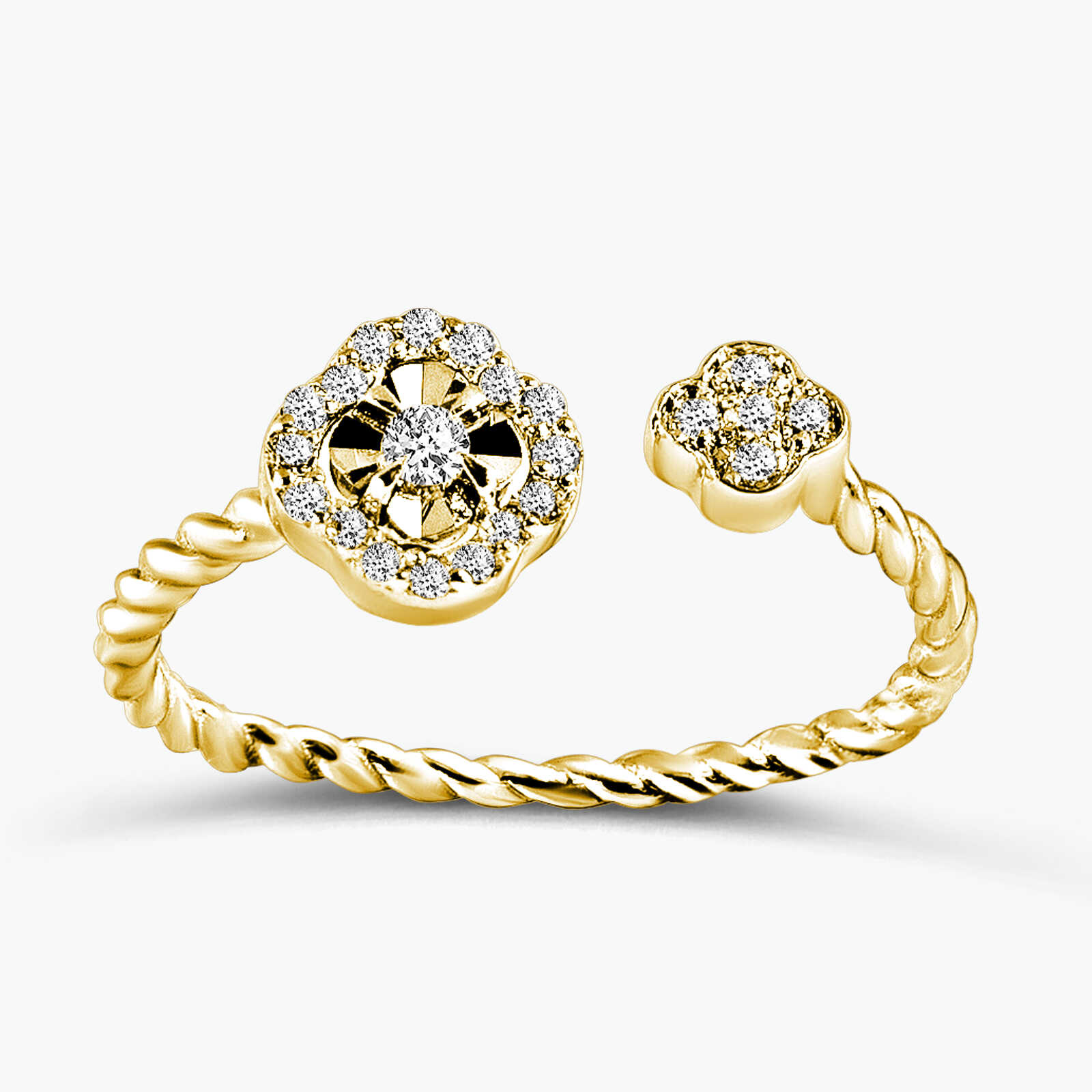 טבעת פתוחה בזהב צהוב 14K בעיצוב פרחוני עם יהלומים