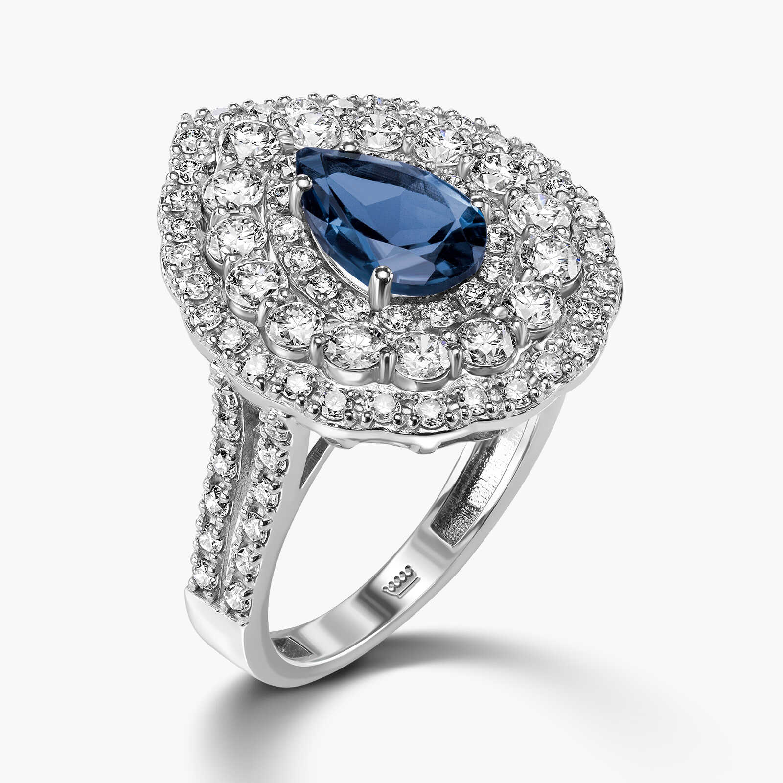 טבעת זהב עם ראש טיפה משובצת בלו לונדון טופז ויהלומים