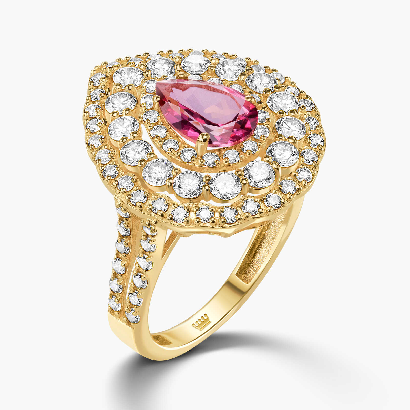 טבעת זהב עם ראש טיפה משובצת טופז ויהלומים